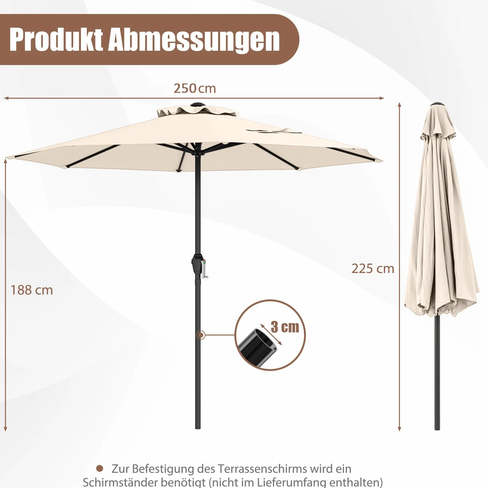 COSTWAY Parasol przeciwsłoneczny 250 cm, parasol ogrodowy z korbą, 8 żeber