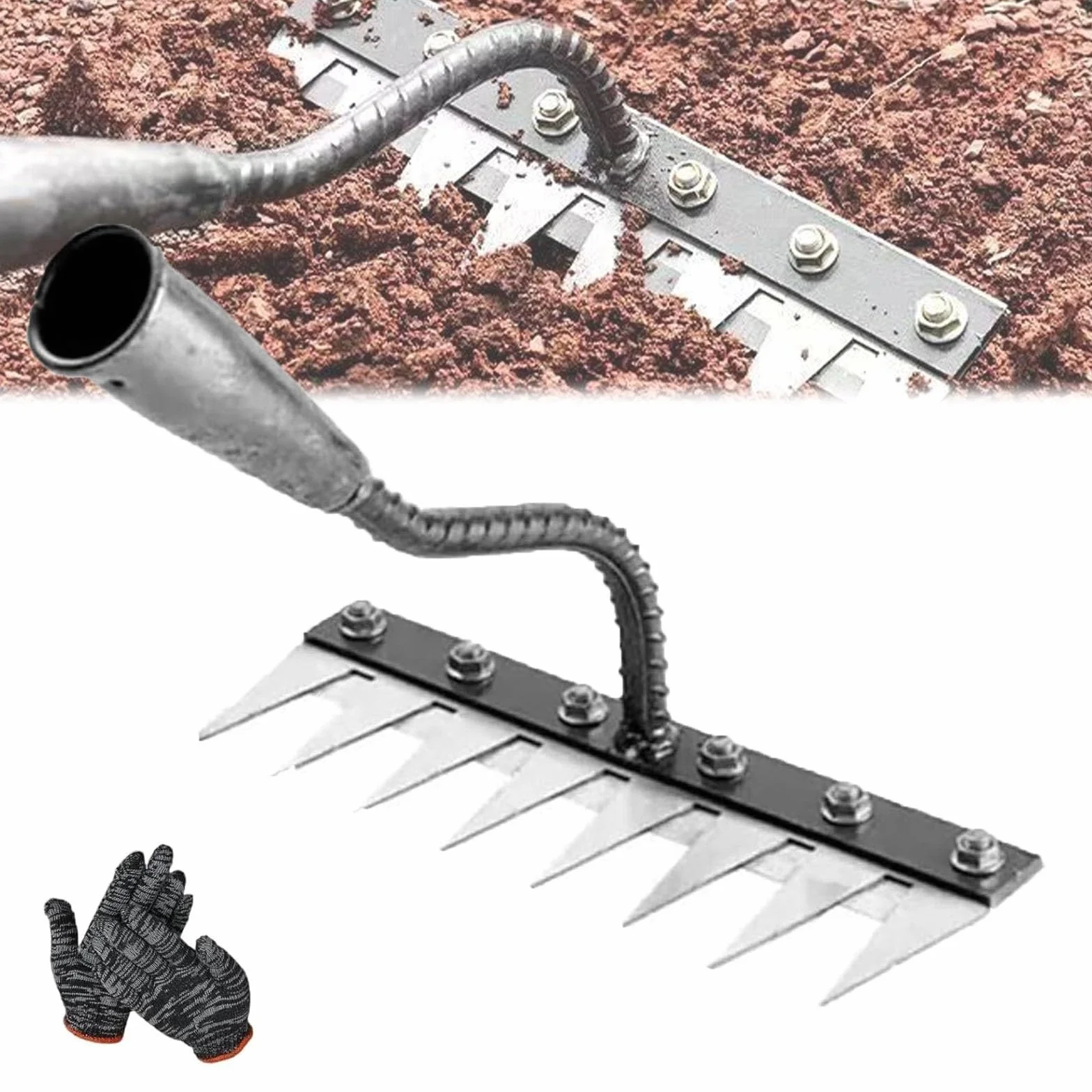 Carbon Steel Garden Rake Heavy Duty 8 Teeth Weeding Rake Lawn Leveling Scarifying Rake