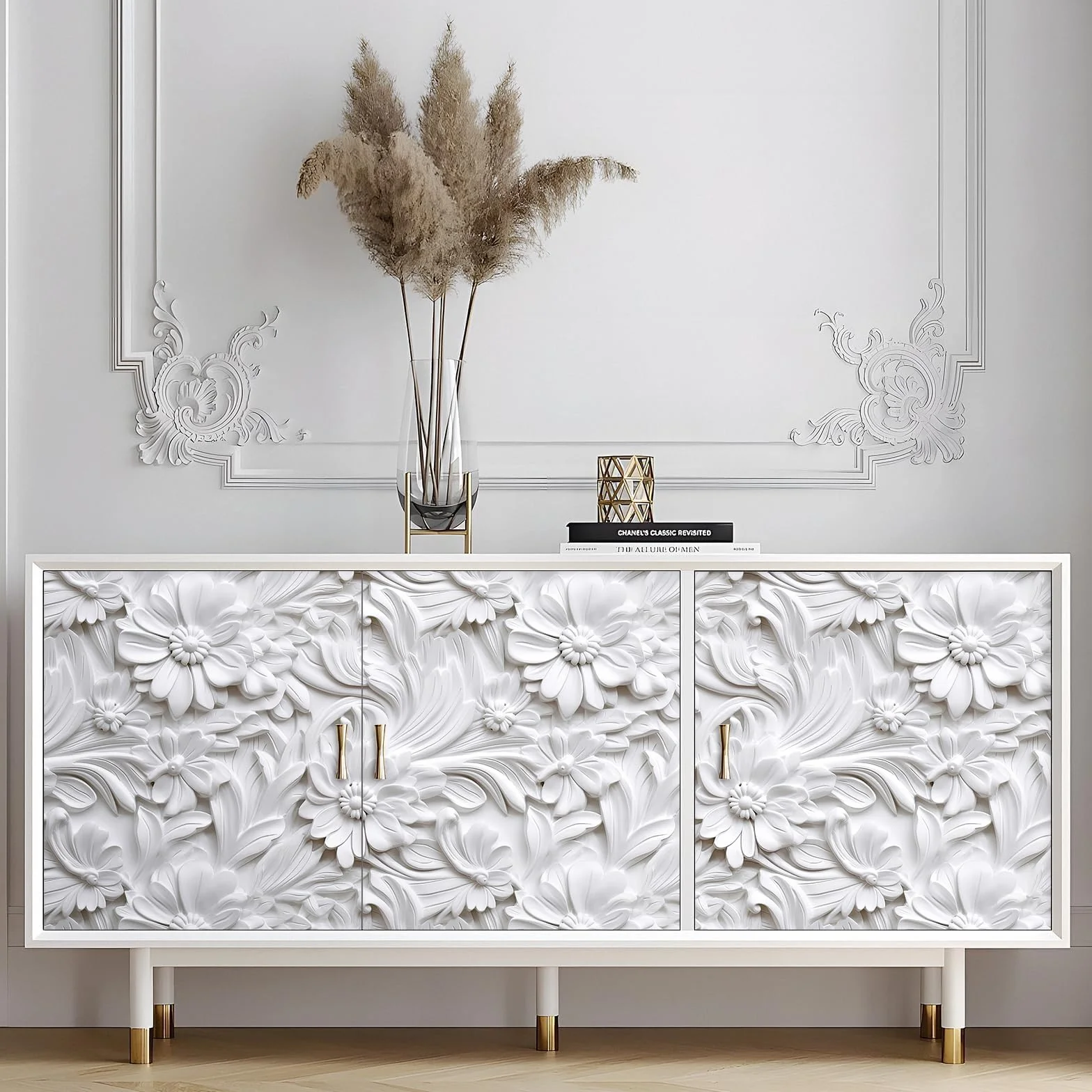 LaCheery Biała samoprzylepna tapeta kwiatowa, efekt 3D, tapeta ścienna, kwiaty, do salonu, 44,5 cm x 700 cm, tapeta z białym wzorem, winylowa, folia samoprzylepna do mebli, kwiatowa tapeta ścienna