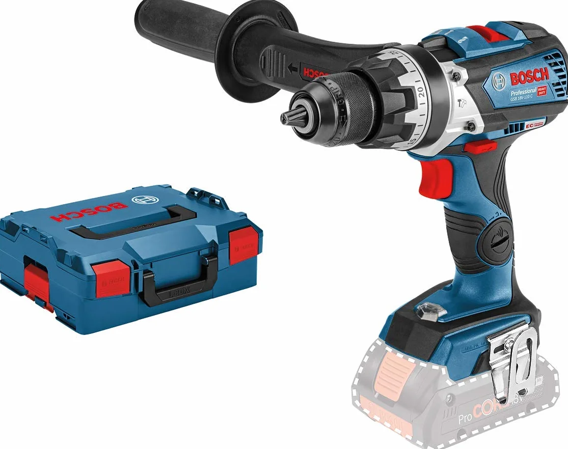 Bosch Professional system 18V: akumulatorowa wiertarko-wkrętarka udarowa GSB 18V-110 C (maks. moment obrotowy 110 Nm, walizka L-BOXX)