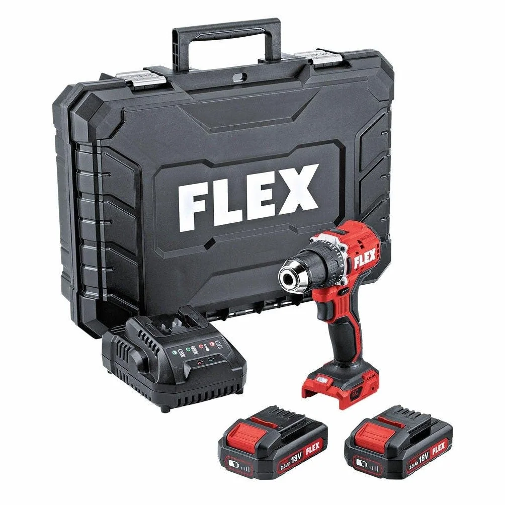 Flex Wiertarko-wkrętarka akumulatorowa DD 2G 18.0 EC LD/2.5 zestaw (wkrętarka akumulatorowa z akumulatorem 2,5 Ah, 18 V, silnik bezszczotkowy, 2-biegowy, ergonomiczny uchwyt, światło LED)