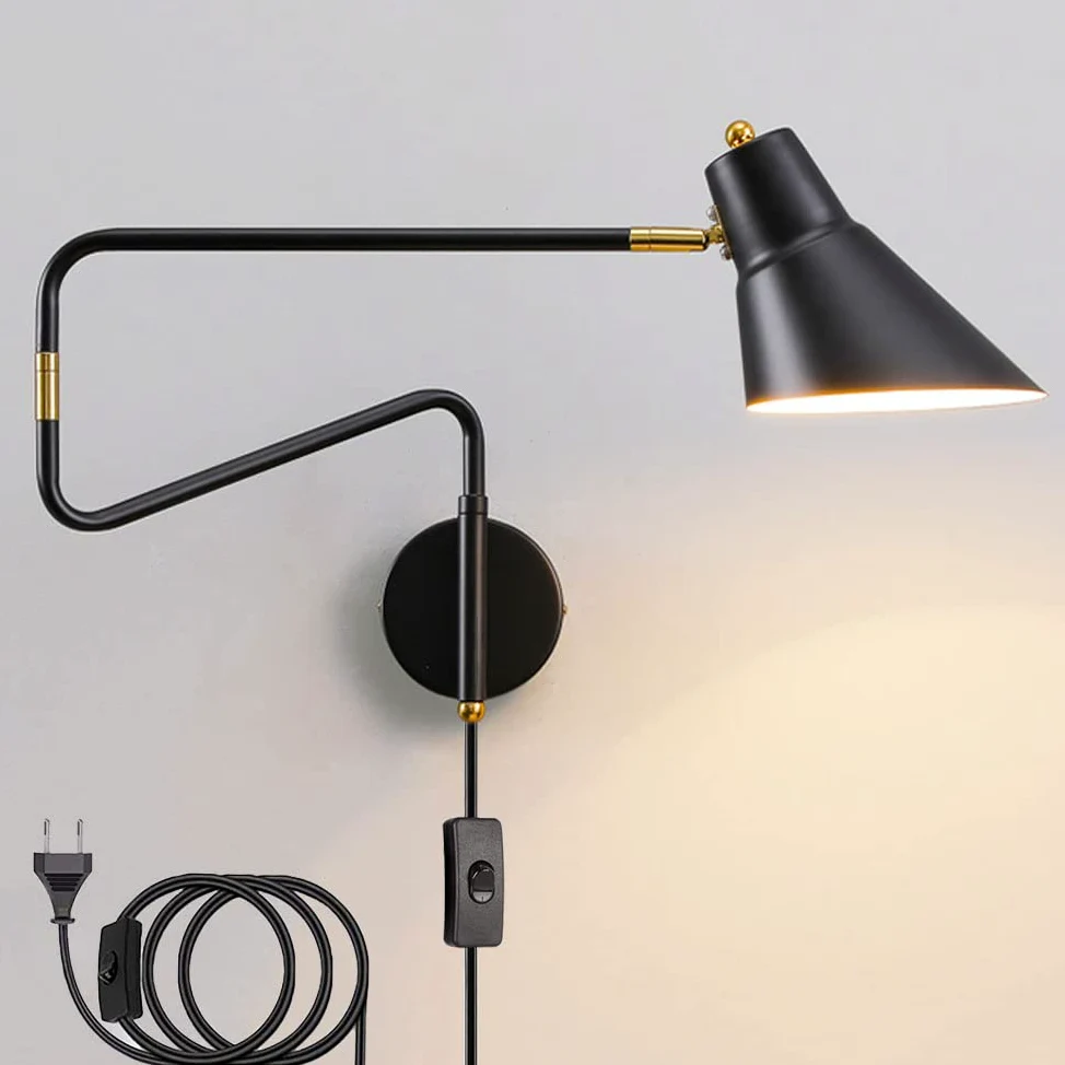 Lampa ścienna przemysłowy z włącznikiem i wtyczką, Kinkiet Regulowany Metalowy Długi Ramię, Lampy ścienne do czytania z kablem Regulowana lampka nocna sypialnia lampa do salonu wewnętrzne E27,Black