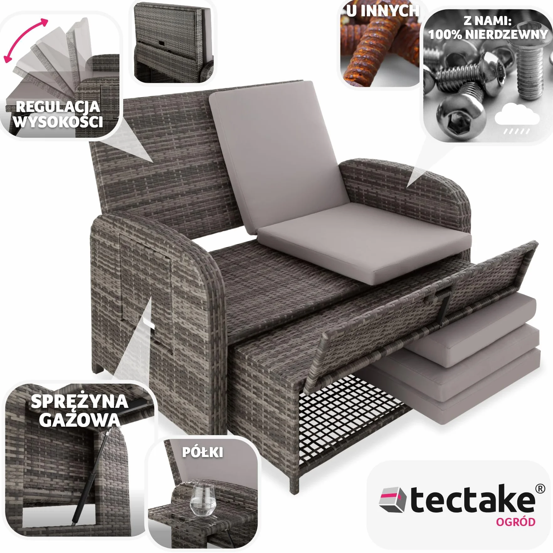tectake® Sofa Ogrodowa z Technorattanu, Multifunkcyjna z Systemem Sprężyn, Regulowane Oparcie, Wodoodporne Poduszki, Bez Montażu, z Pokrowcem (Szary)