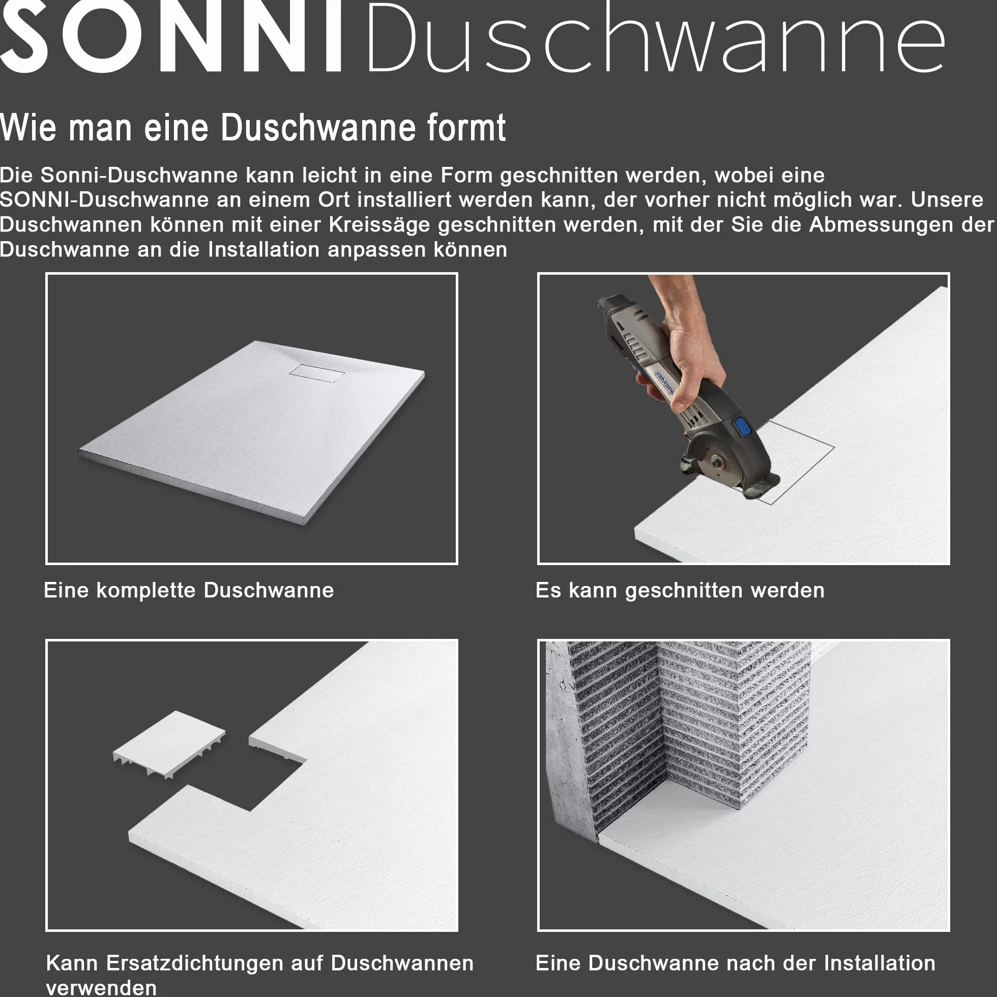 SONNI Brodzik prysznicowy o wyglądzie łupka, antypoślizgowa struktura, 160 x 90 cm, super płaski brodzik prysznicowy, dostępne wszystkie rozmiary, w zestawie syfon