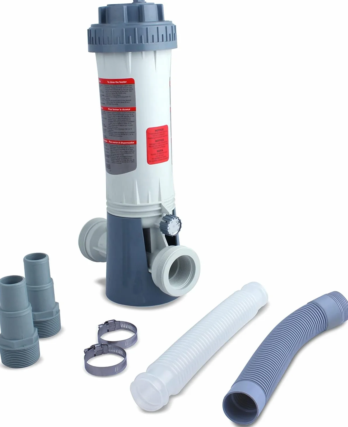 Automatyczny dozownik chloru do basenu, śluza chemiczna, przyłącze 32-38 mm, szaro-biały