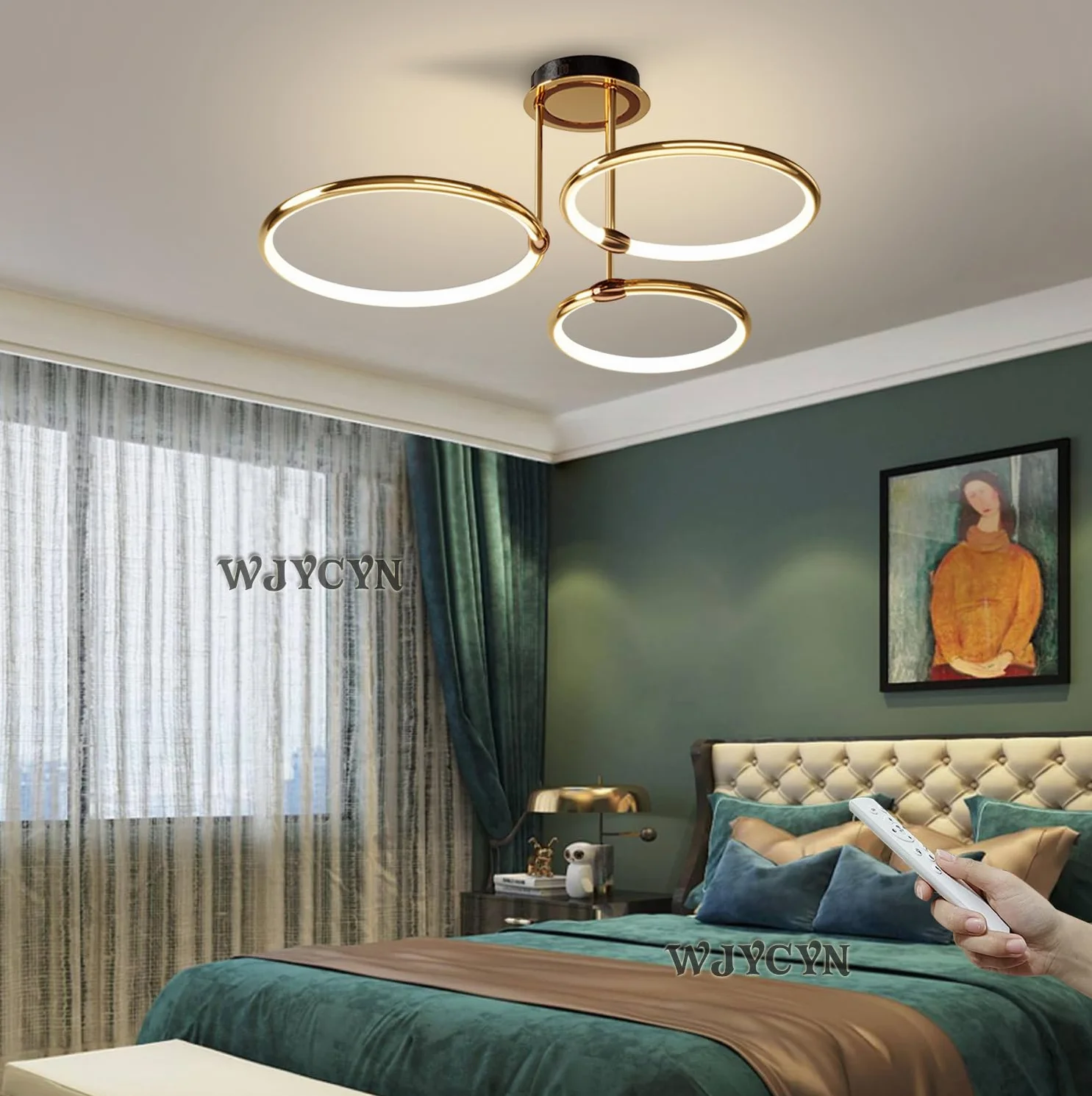 Lampa sufitowa LED Złoty pierścień Nowoczesny ściemnialny z pilotem Metalowy akrylowy okrągły żyrandol Salon Kuchnia Sypialnia Biuro Jadalnia Lampa Dekoracja Oświetlenie (3 pierścienie,Ø55cm,60W)