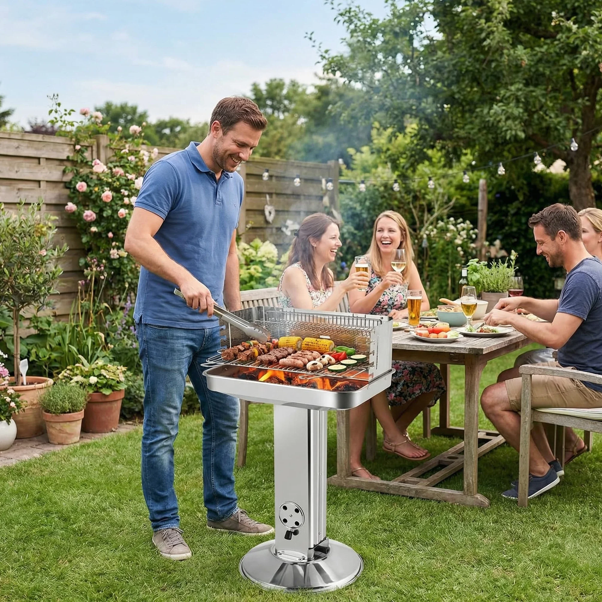 Grill na węgiel drzewny ze stali nierdzewnej, kolumnowy, z regulacją wysokości, kosz do przechowywania
