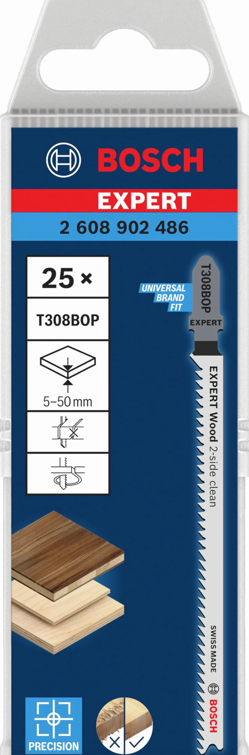 Bosch 25x Brzeszczot do wyrzynarki EXPERT Wood 2-side clean T308BOP (do Płyta meblowa z litego drewna, Sklejka, Długość 117 mm, Professional Akcesoria Wyrzynarka)