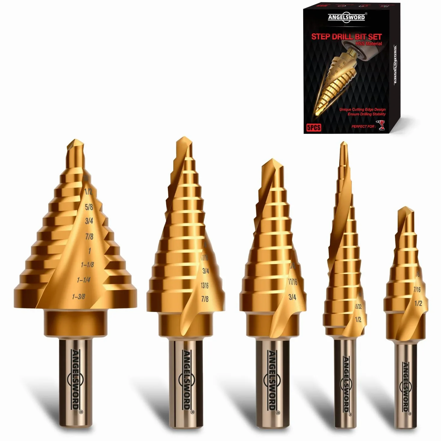 ANGELSWORD Wiertła stopniowe, 50 rozmiarów, 5 szt., spiralne, rowkowane, powlekane tytanem, zestaw wierteł stopniowych do plastiku, aluminium, miedzi, blachy, z aluminiową obudową