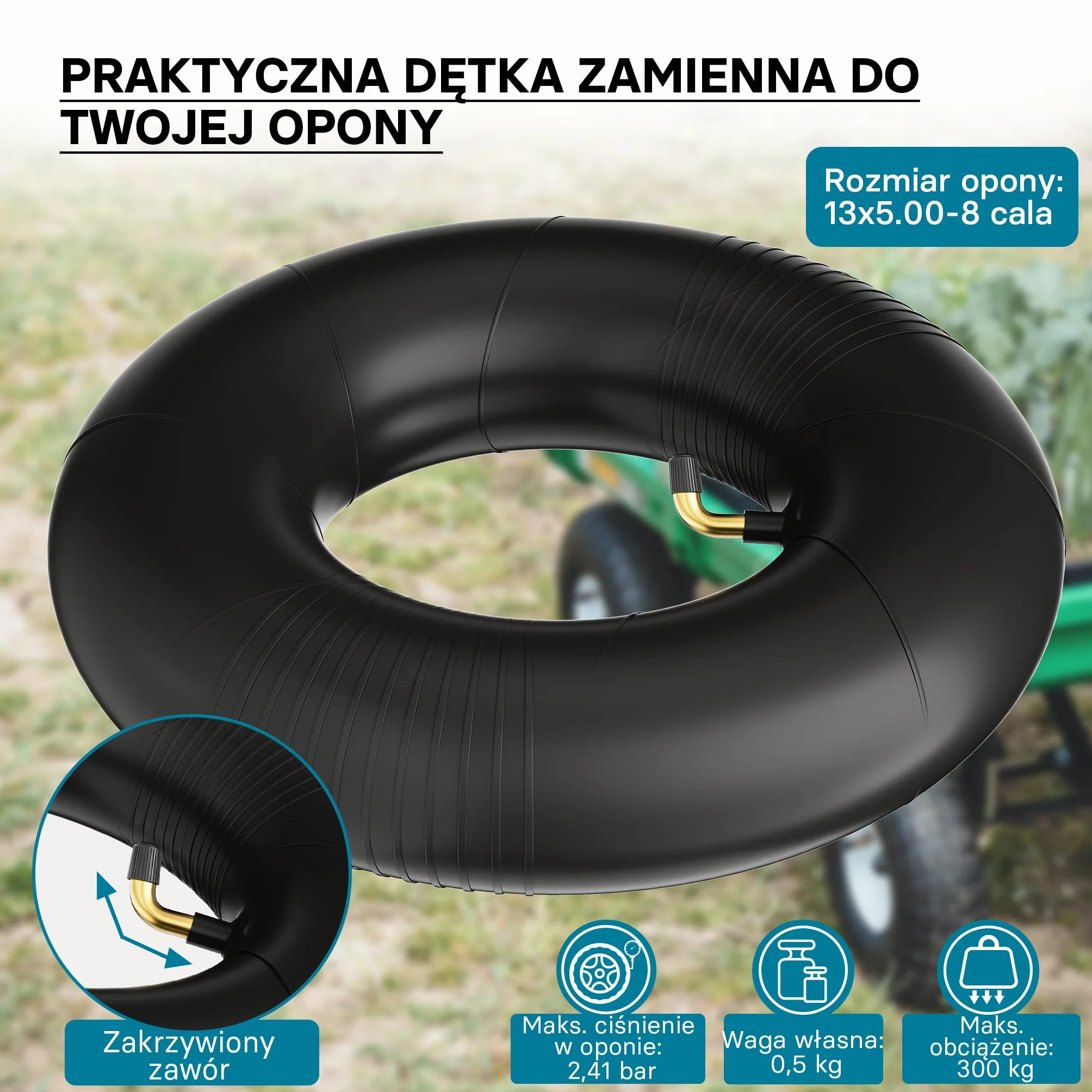 Dętka do opon kosiarki do trawy 13 x 5,00 – 8 z zaworem kątowym, przykrywką opony, dętka do opon traktora