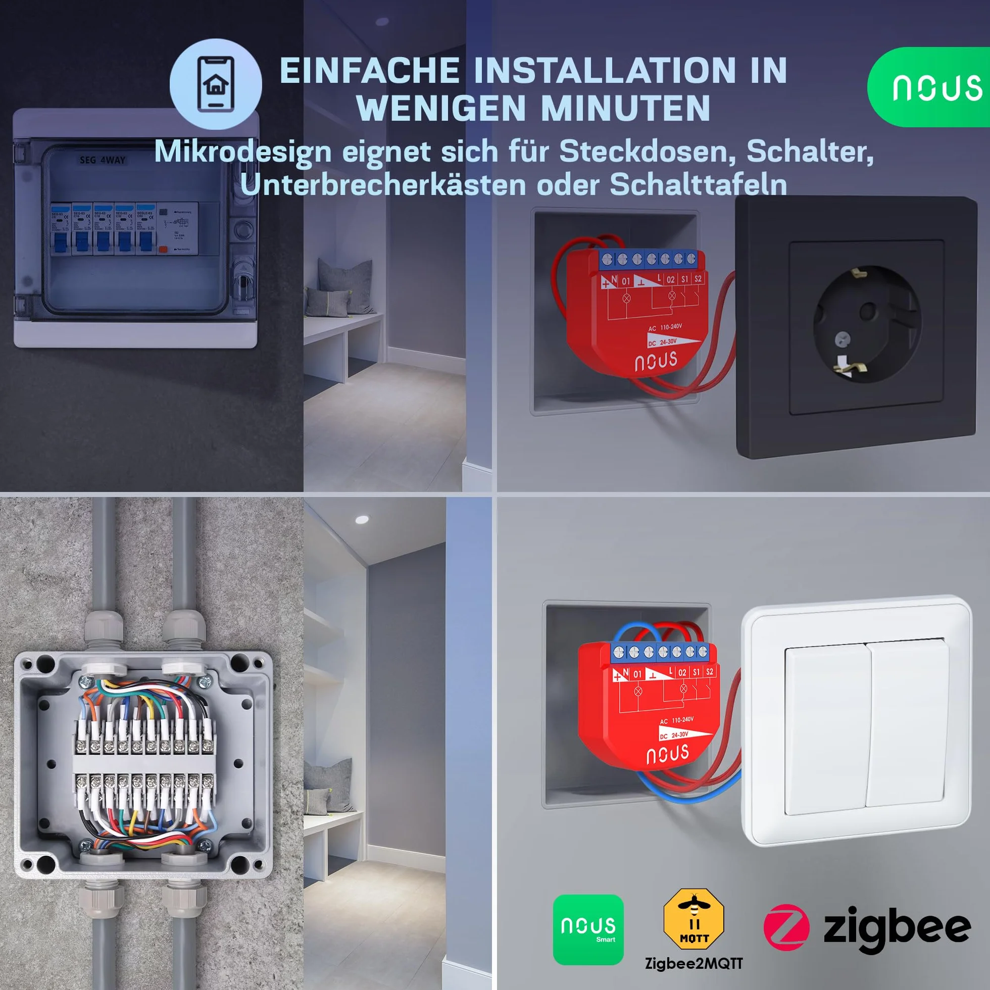 NOUS ZigBee Smart Switch moduły z pomiarem mocy, 2 kanały, AC 16 A/DC 10 A, suche styki, wymagany koncentrator 3.0, kompatybilny z Alexa, Zigbee2MQTT, Google Assistant, Home Assistant, Tuya