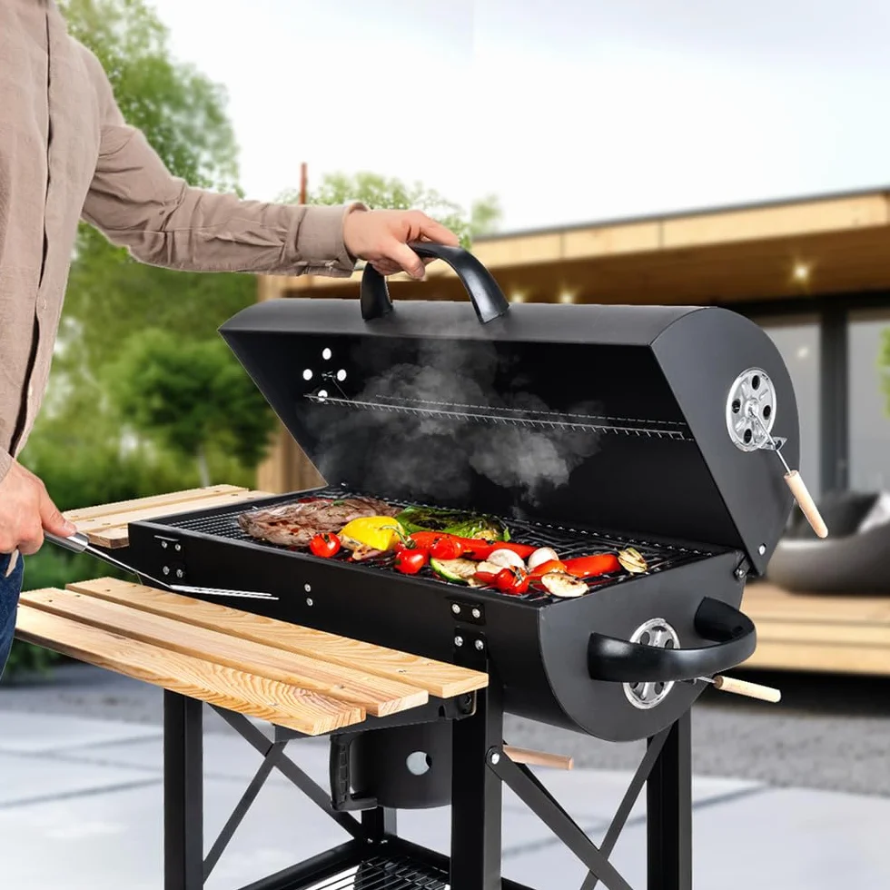 LEHMANN Grill węglowy z rusztem do gotowania, XL, z dwiema drewnianymi półkami, pokrywą, kółkami i nieogrzewanym uchwytem, grill węglowy do ogrodu, na taras, kemping
