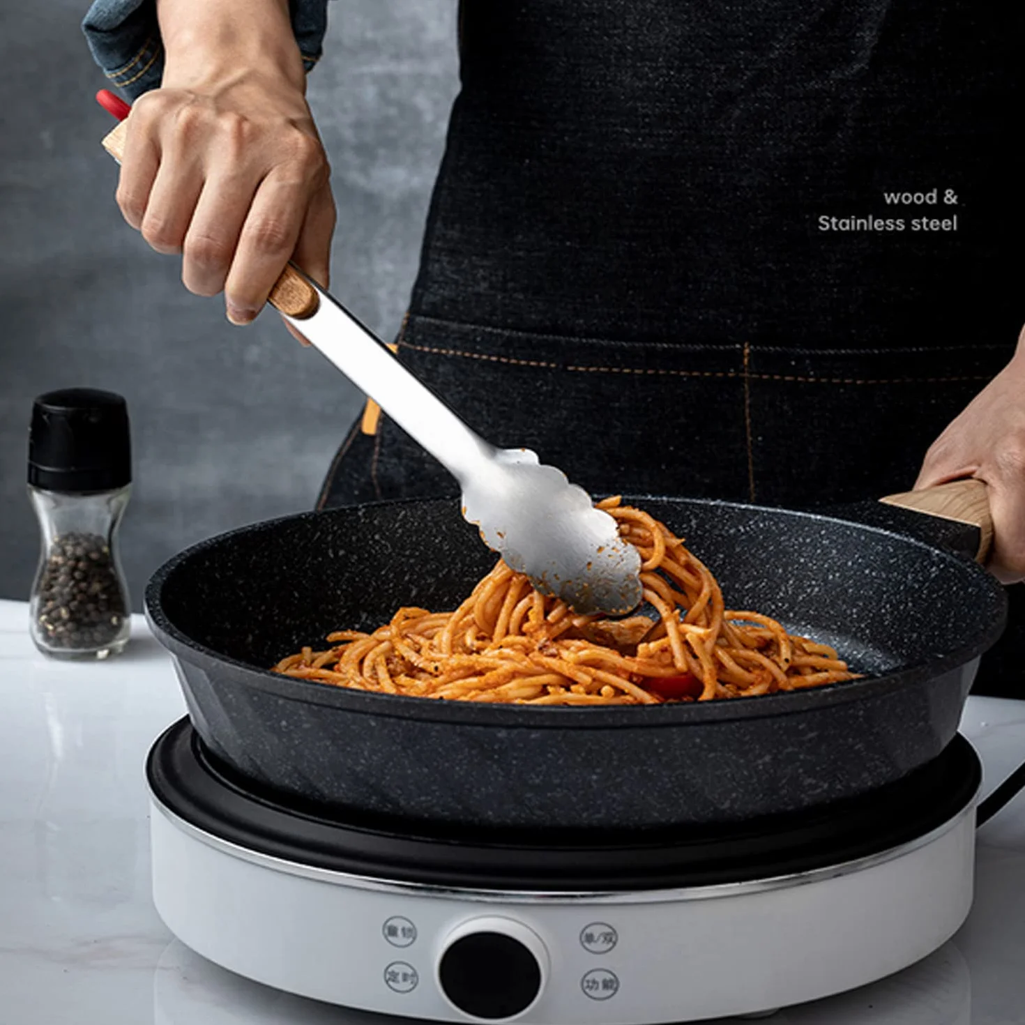 Stal nierdzewna szczypce kuchenne do grilla 2 sztuki Non-Stick Oak Wood Handle