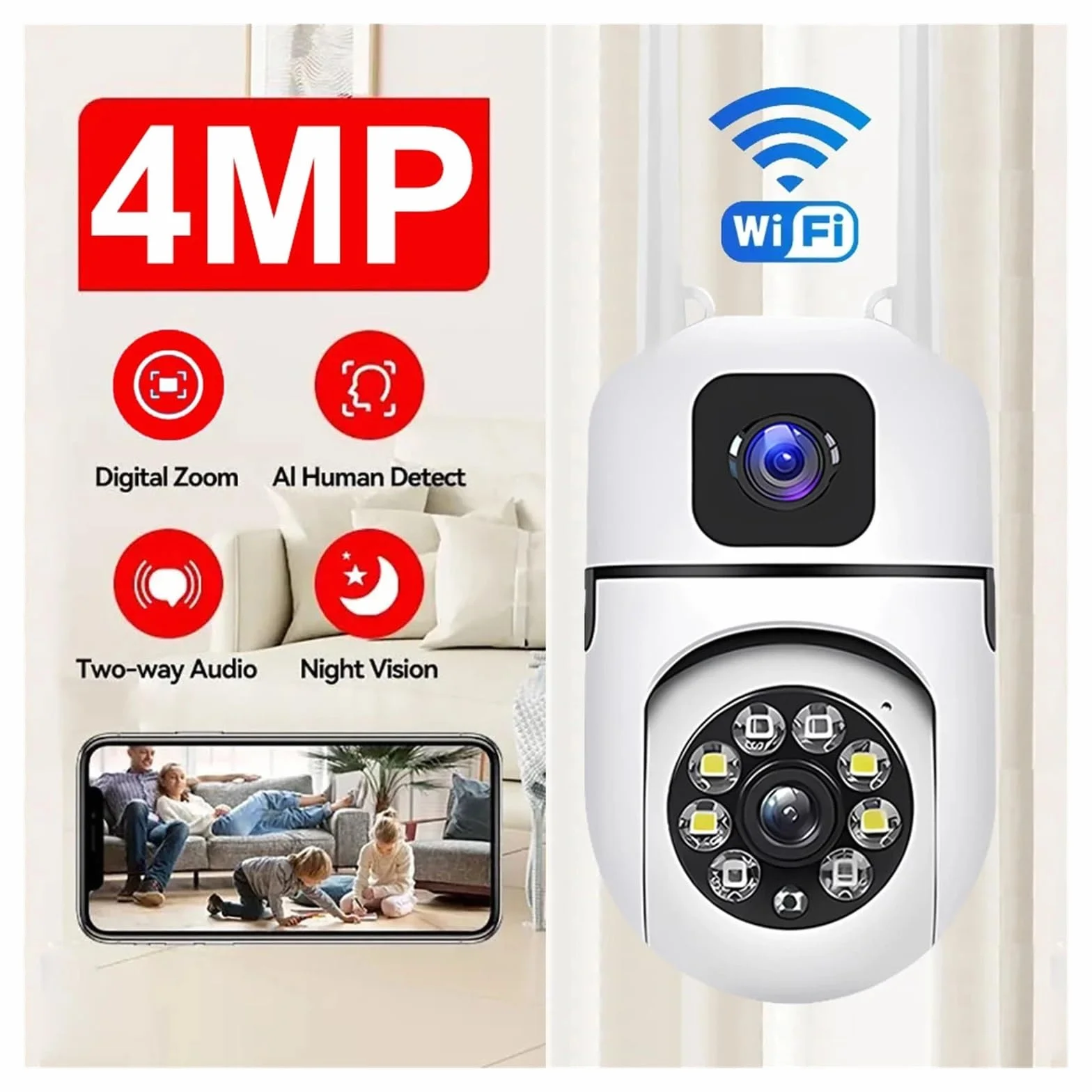 Obiekt Monitorowany, Podwójny obiektyw, podwójny ekran, kamera IP WiFi, ochrona bezpieczeństwa, bezprzewodowy monitor wewnętrzny, automatyczne śledzenie, monitoring wideo CCTV PTZ(Camara 128GB Card)