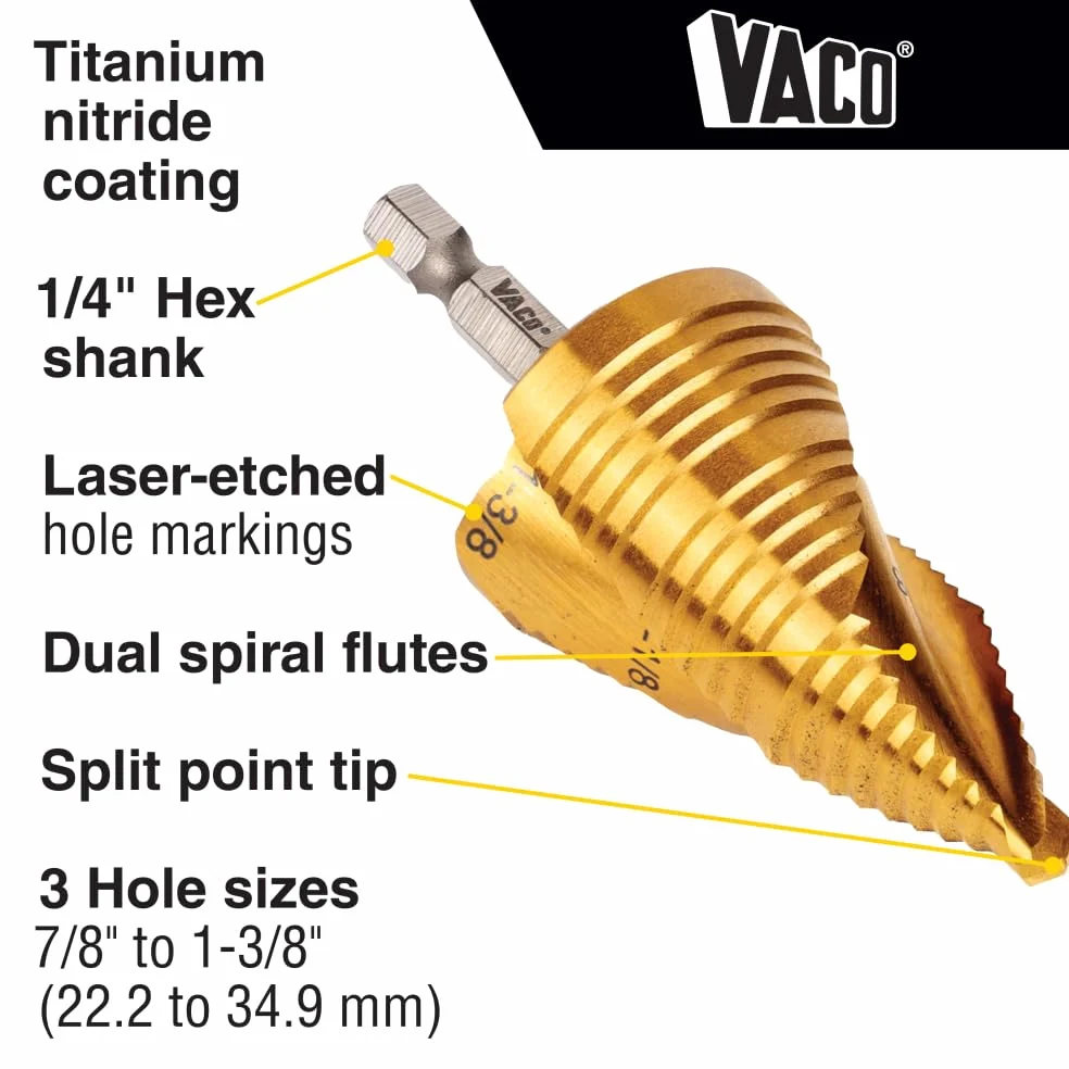 Klein Tools 25951 Electrician's Step Drill Bit Set, Spiral Double Fluted, Titanium Nitride Coating, 1/4-Inch Impact Shank, Case, 3-Piece