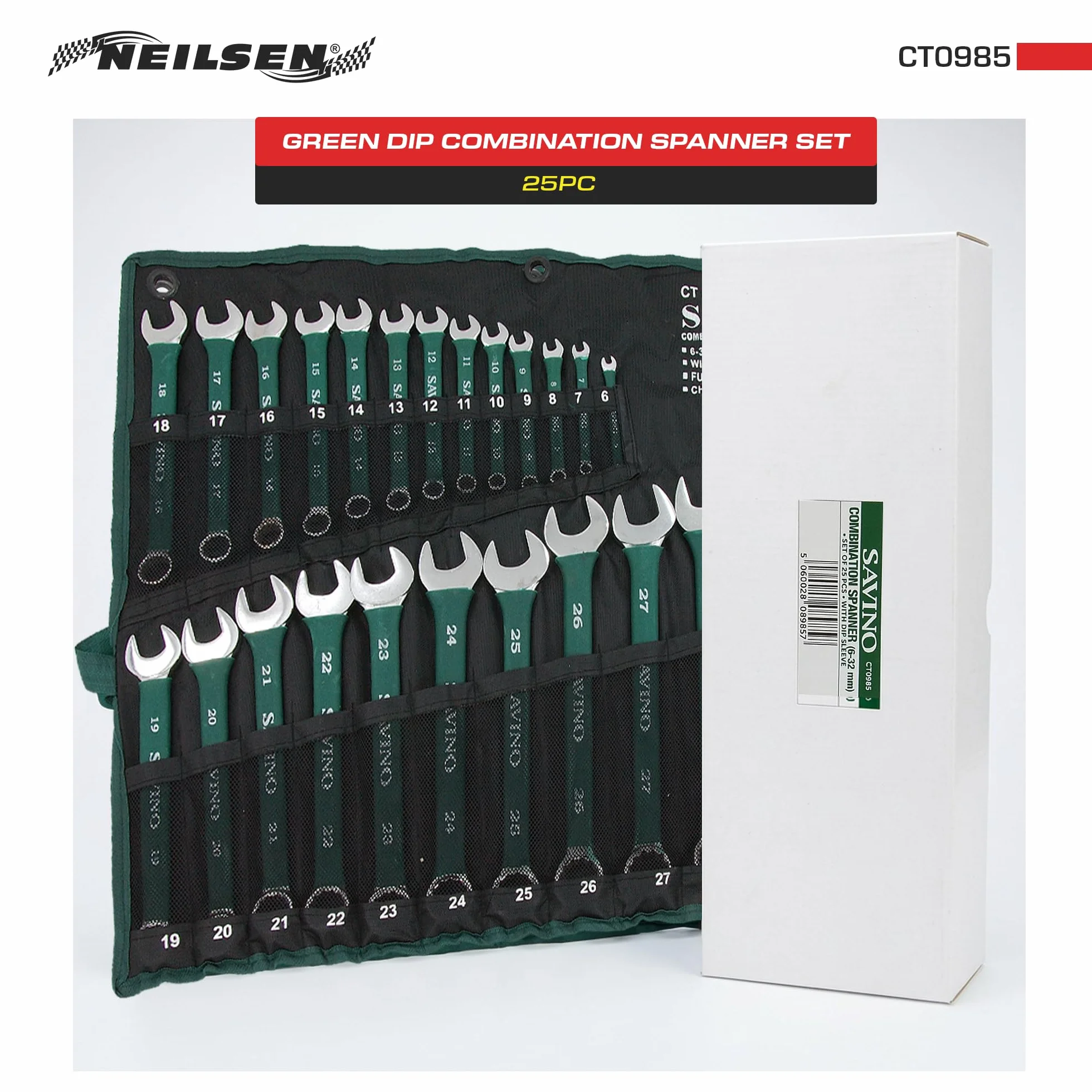 Neilsen Savino CT0985 zestaw kluczy płasko-oczkowych, zielony, 6 mm do 32 mm, z zanurzonymi uchwytami i portfelem, trwały i wszechstronny zestaw kluczy do motoryzacji, majsterkowania i zastosowań
