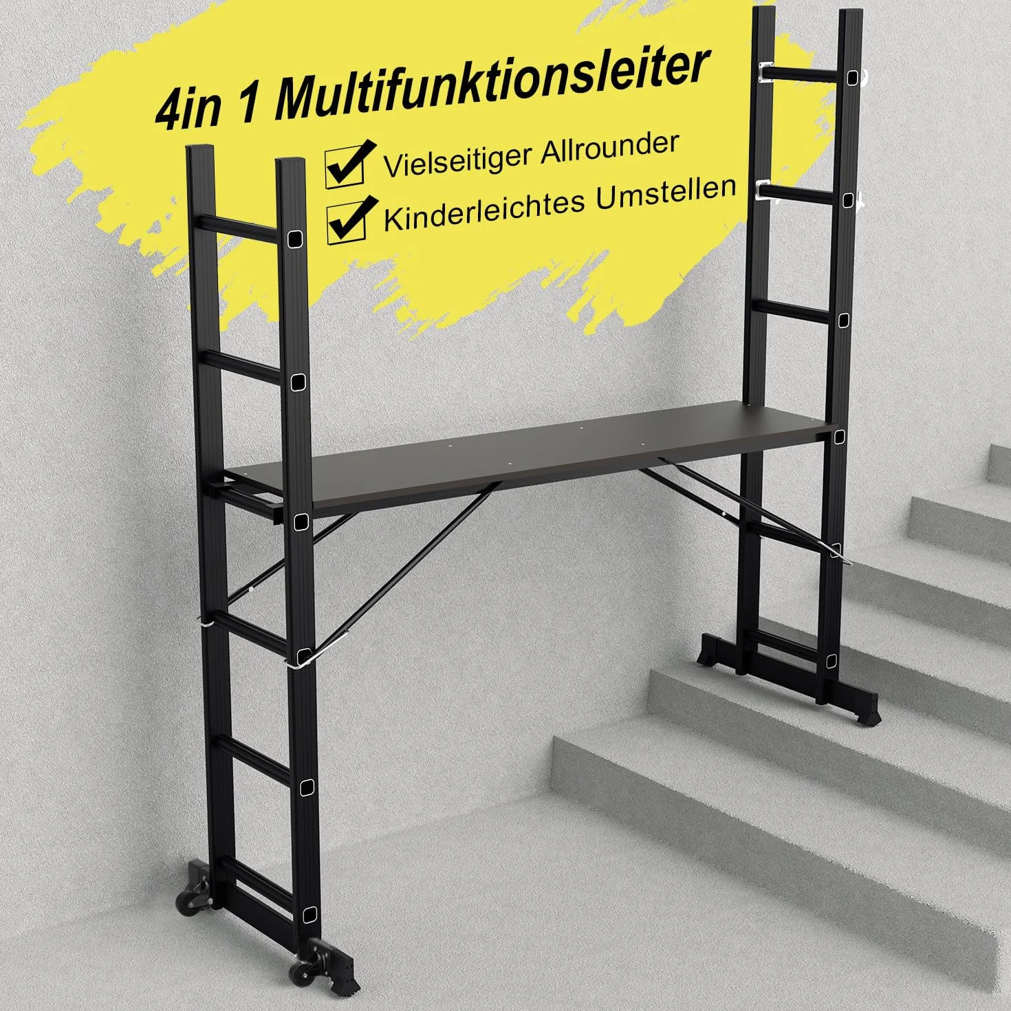 Gimisgu Rusztowanie, aluminiowa drabina wielofunkcyjna 4 w 1, 6 + 6 stopni, mobilna drabina wielofunkcyjna z platformą i 2 kółkami, rusztowanie robocze, platforma robocza, obciążenie do maks. 150 kg,