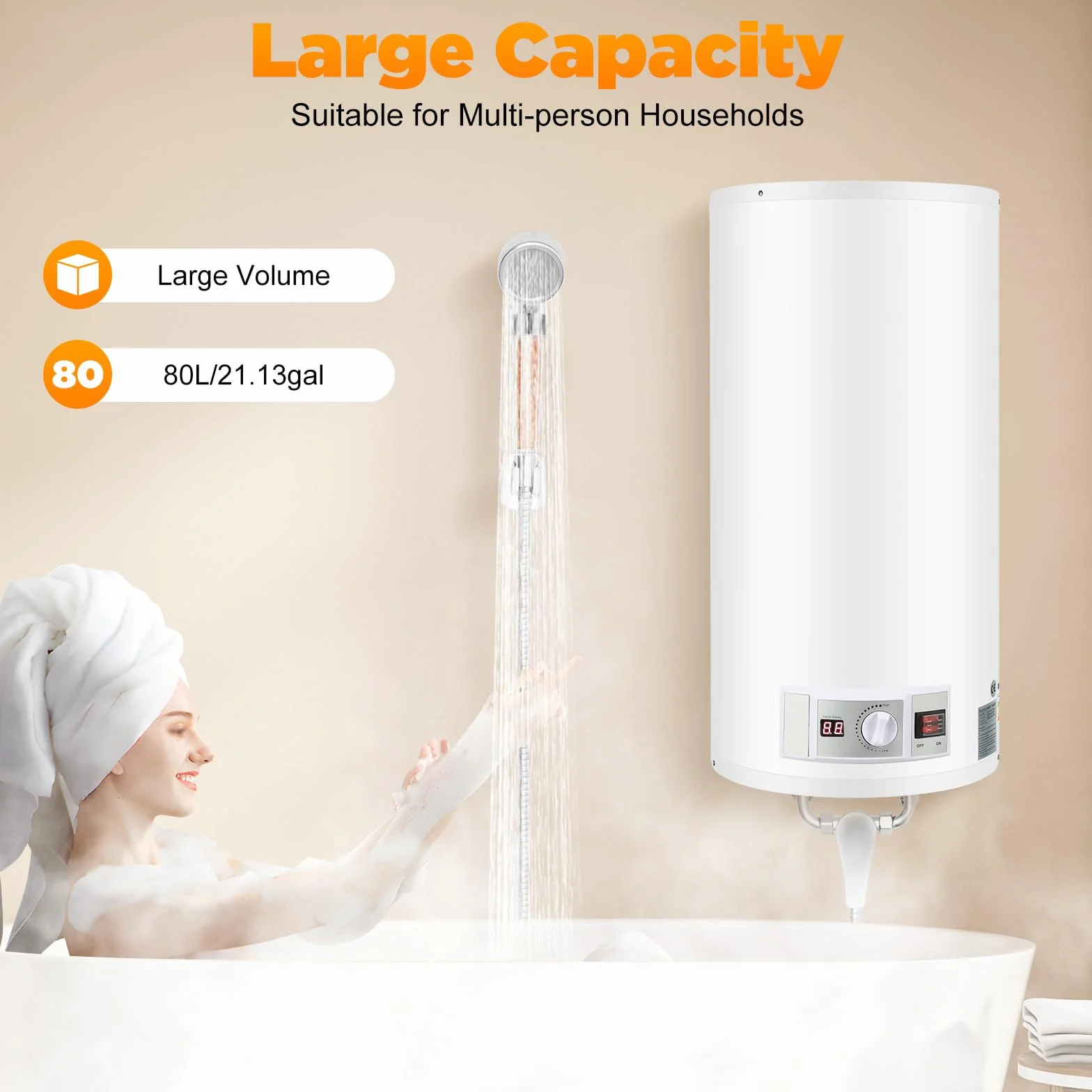 Elektryczny podgrzewacz wody, 50 l, elektryczny zbiornik wody 2000 W, bojler na wodę, 71 x 34 cm, z zestawem prysznicowym, 25-75 ℃, do kuchni, toalet, mieszkań