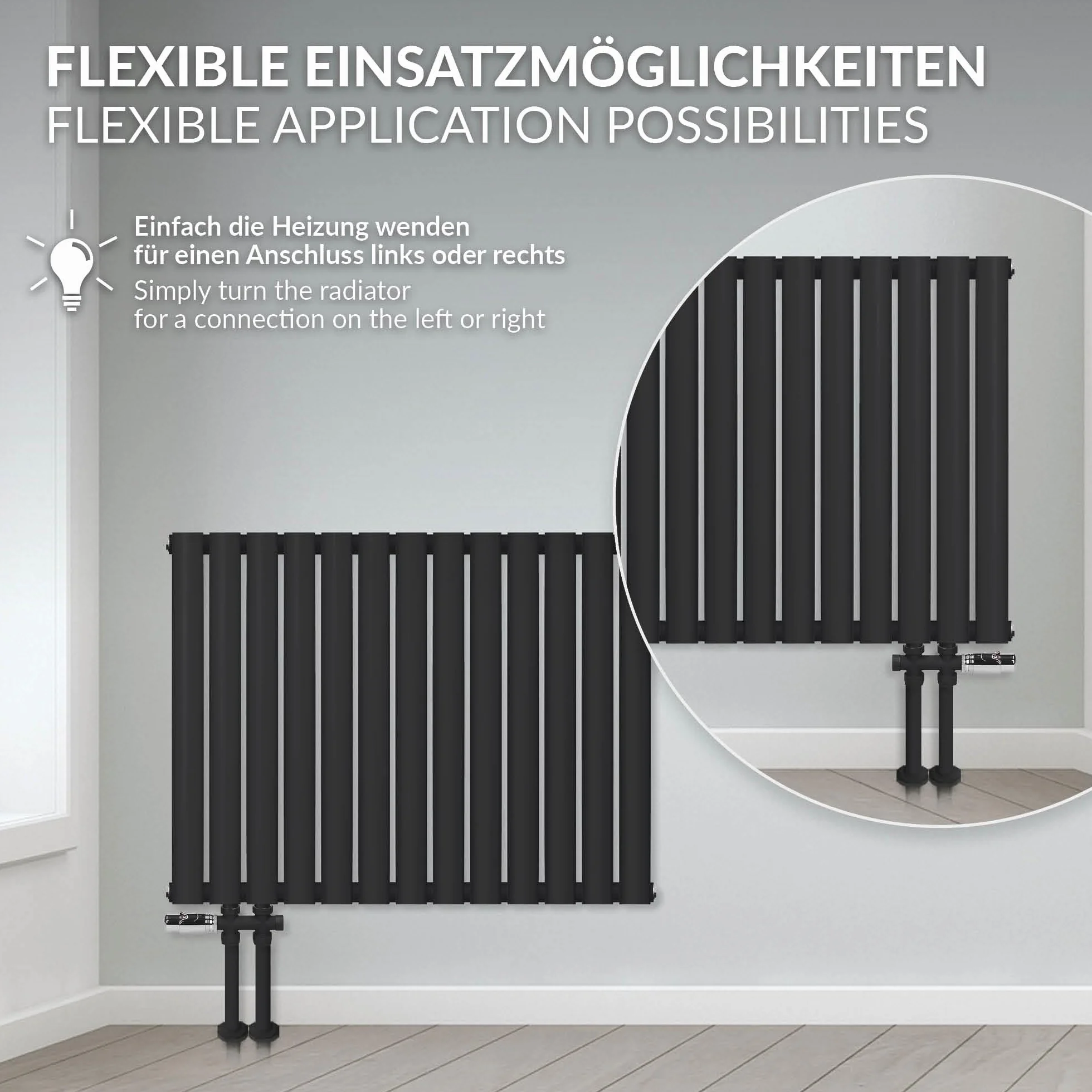 LuxeBath Grzejnik Panelowy Podwójny 600x1020mm Czarny Matowy Poziomy Grzejnik Owalne Rury Grzejnik Łazienkowy Wejście Boczne Salon/Łazienka Ogrzewanie Projekt Grzejnik Rury Grzejnik
