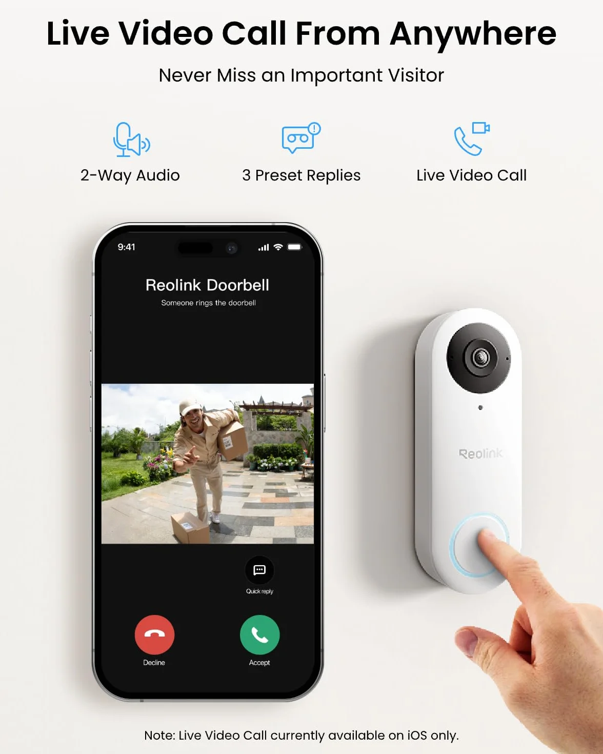 Dzwonek wideo Reolink 5MP z kamerą Wi-Fi i dzwonkiem, widok 3:4 od stóp do głów, widok 180°, Wi-Fi 5/2,4 GHz, dźwięk dwukierunkowy, wykrywanie osób/paczek, inteligentne alerty (przewodowe)