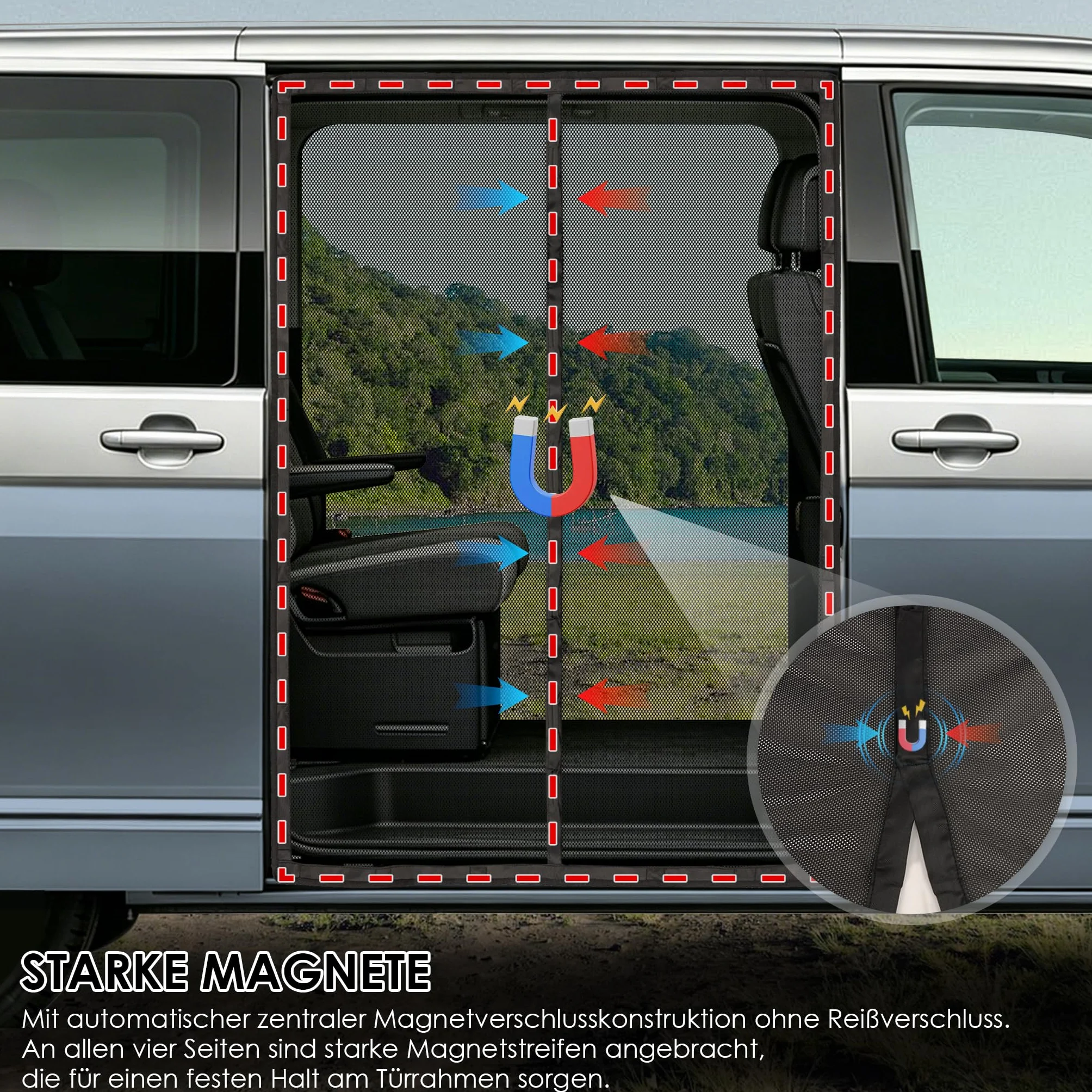Moskitiera magnetyczna do VW T5 T6 drzwi bocznych, automatyczne zamknięcie na magnes środkowy, 122 g/m² poliester o wysokiej gęstości, siatka 1 mm, ochrona przed owadami na kemping, do aktywności na