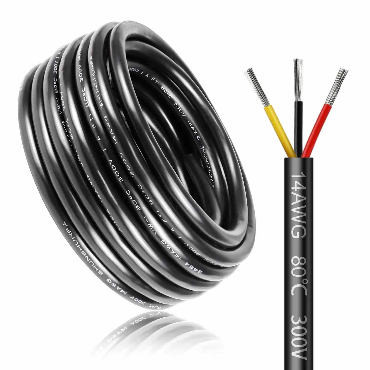 30 m 14AWG 3 x 2,0 mm² kabel elektryczny, 3-żyłowy kabel 5 V/12 V/24 V/300 V, kabel zasilający, ocynkowany kabel miedziany, elastyczny i miękki, niska impedancja, wysoka odporność na temperaturę