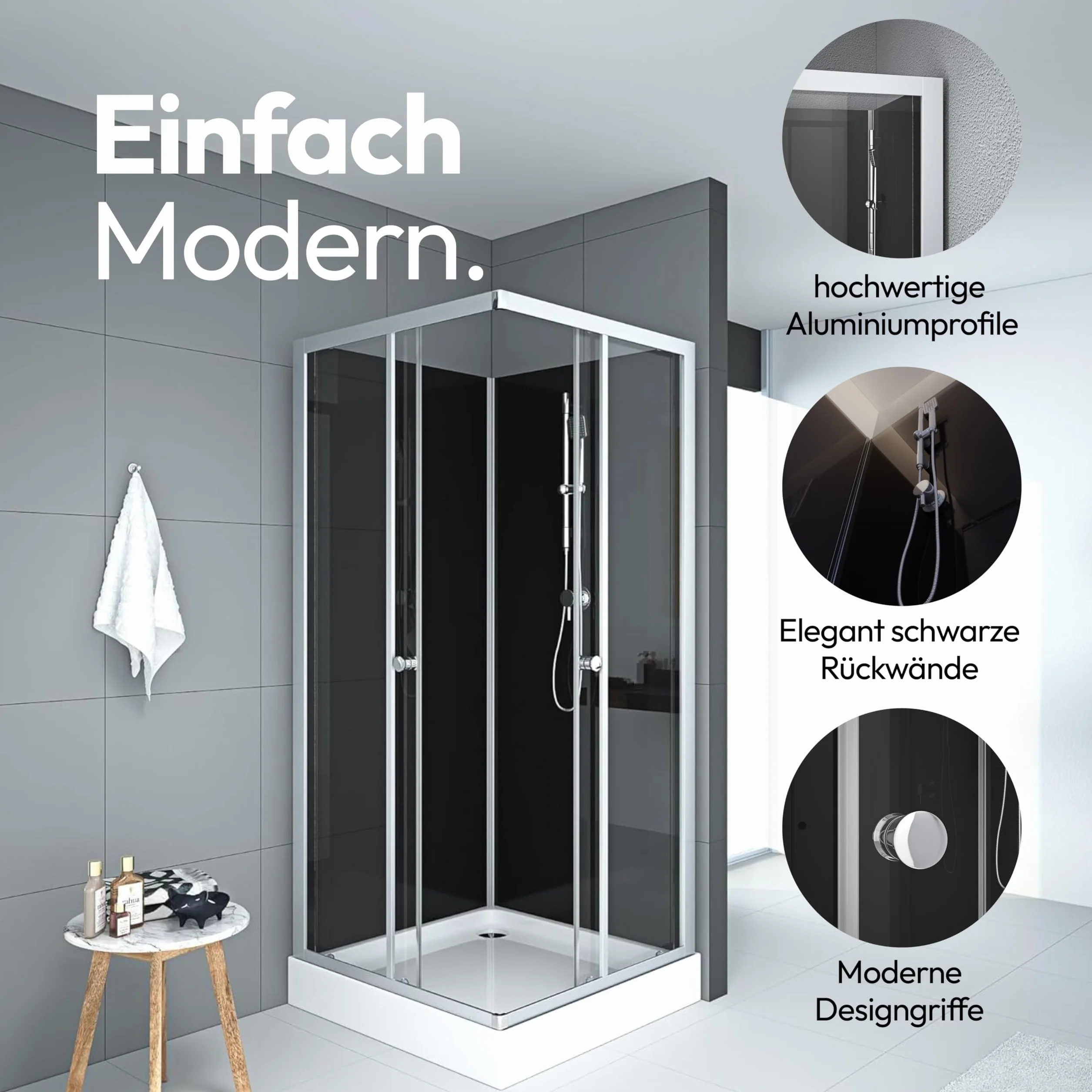 MARWELL Kompletny prysznic Black Reef – kabina prysznicowa 80 x 80 x 195 cm – z eleganckim wejściem narożnym i wygodną wysokością wejścia 15 cm – stylowy kompletny zestaw