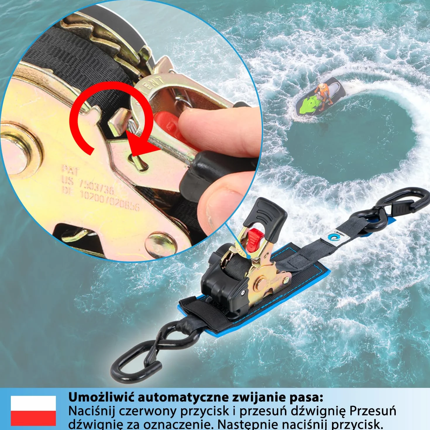 valonic RACOON - 2x 1,8m automatic ratchet tension strap, 25mm, 300/600 Kg, wyściełany, EN-12195-2 - z grzechotką, czarny, pasek napinający do motocykli
