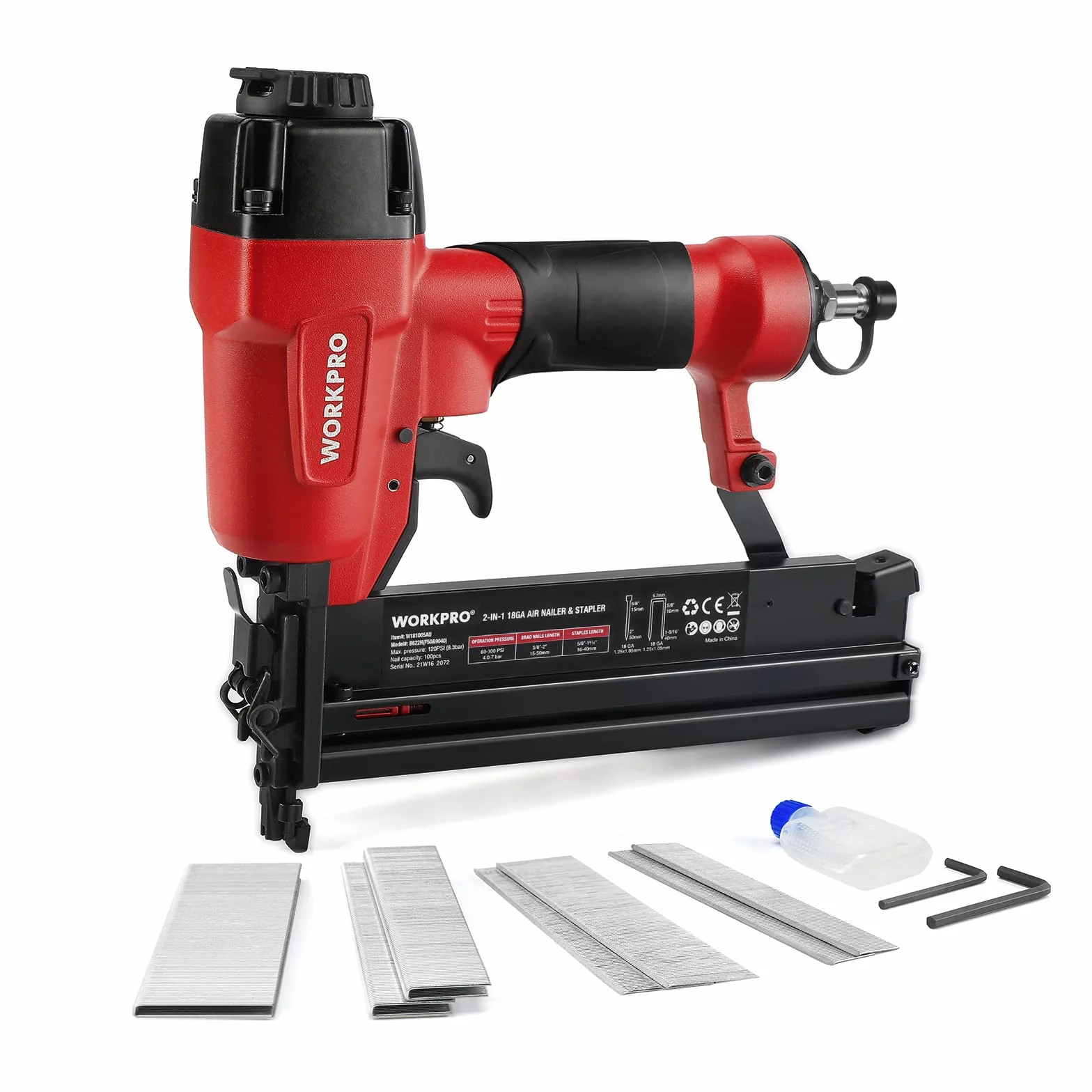 WORKPRO Gwoździarka pneumatyczna 2 w 1, 18GA 9040 / F50 Sprężarka pneumatyczna kompresja powietrza max 7,1 bar z 400 gwoździami i 300 zszywkami, nadaje się do produkcji mebli, dekoracji wnętrz itp