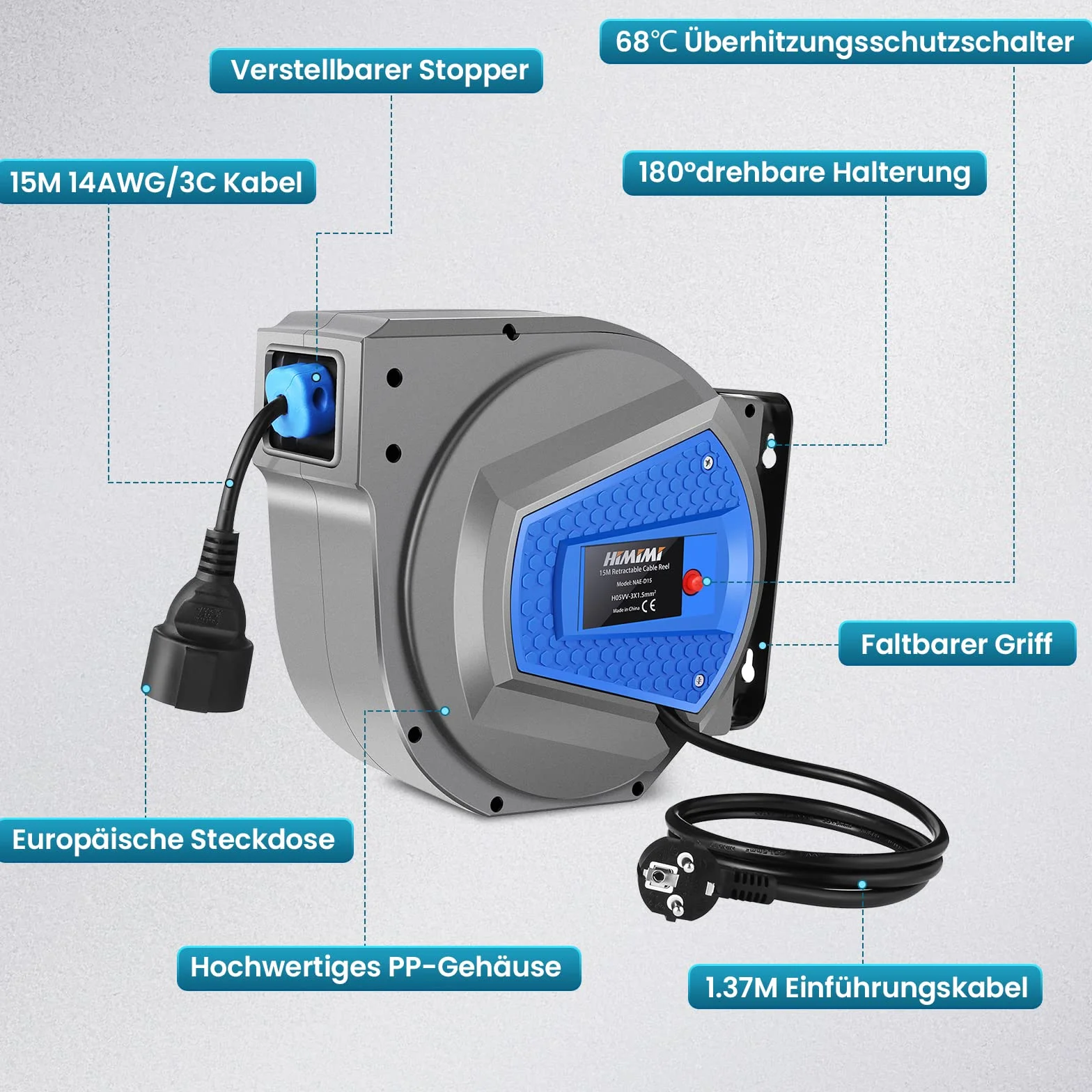 Himimi automatyczny bęben kablowy 15 m + 1 m przewód doprowadzający 1500 W kabel przedłużający na zewnątrz, bęben kablowy do montażu na ścianie o 180° z boku wychylny do montażu na ścianie