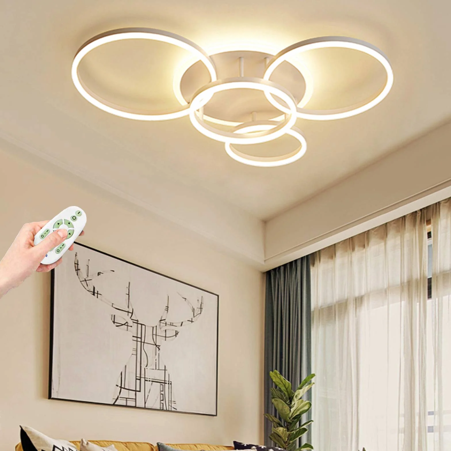 Przyciemniana lampa sufitowa LED, nowoczesna, do salonu, z pilotem zdalnego sterowania, metalowa, akrylowa, oświetlenie sypialni, kuchni, jadalni, łazienki, lampa punktowa, biała, 5 pierścieni