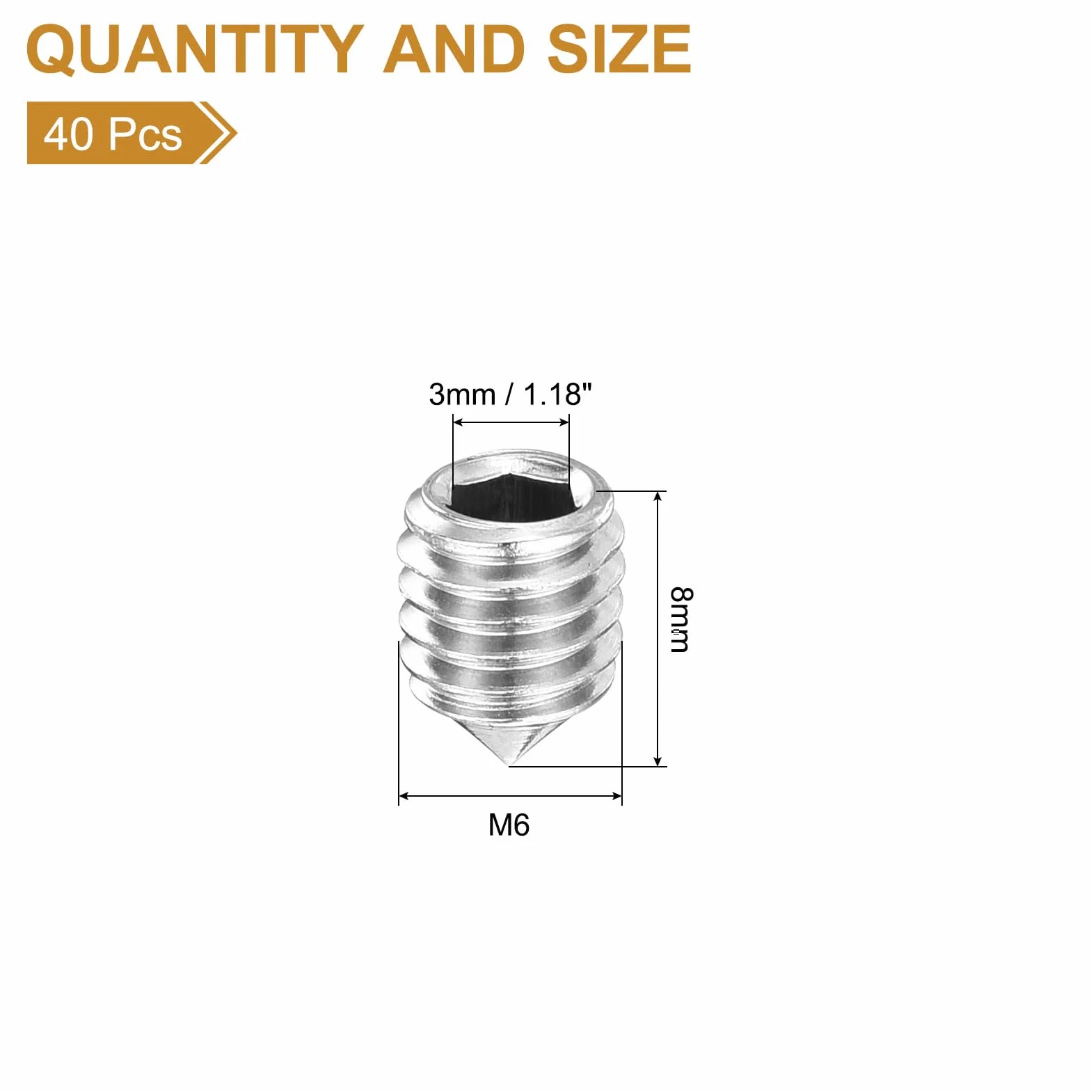 QUARKZMAN Zestaw 20 śrub M6 x 8 mm 304 stal szlachetna końcówka stożkowa z łbem sześciokątnym śruby do maszyn, napraw domu i elementów mocujących, srebrne