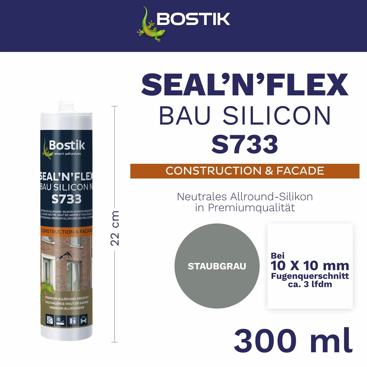 BOSTIK S733 Seal´n´Flex Bau silikon pyłoszczelny szary – neutralny uniwersalny silikon, odporny na pleśń, trwale elastyczny, dobrze tolerowany przez malowanie, do użytku wewnątrz i na zewnątrz, 300 ml