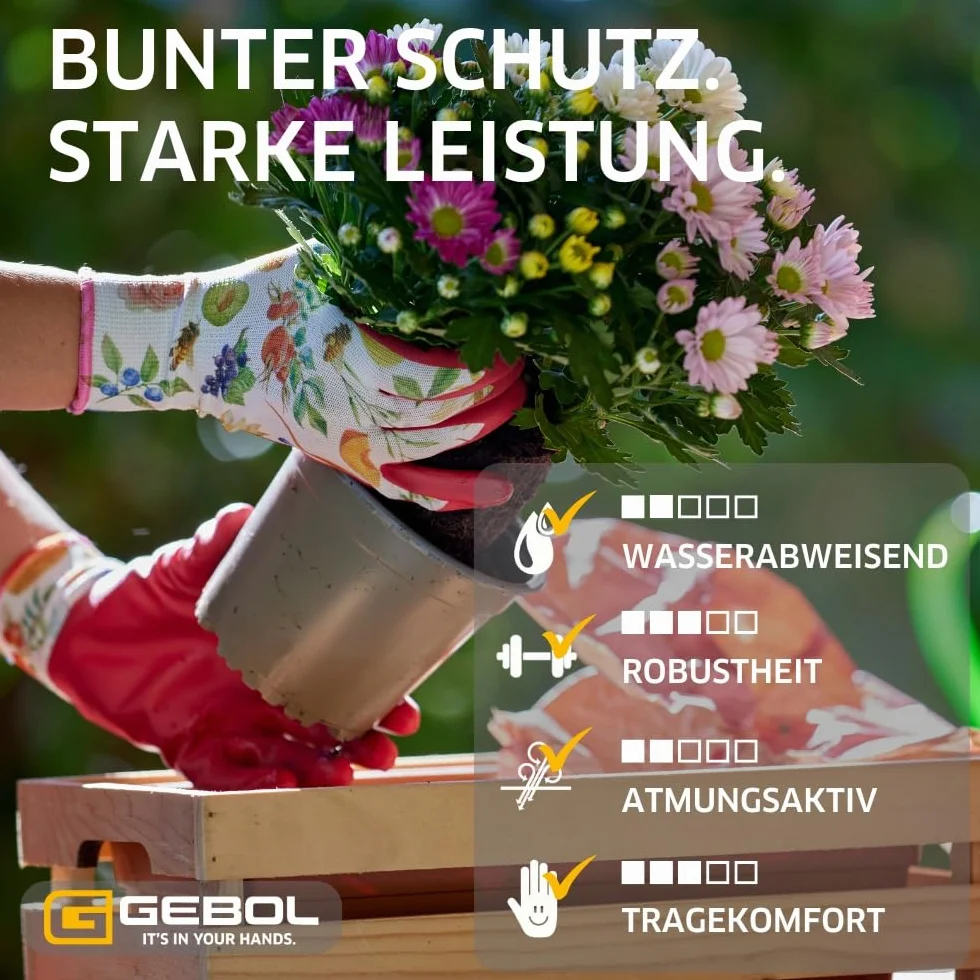 Gebol Gardeluxe "bee-friendly" Flower&Fruit | 1 para | rozm. 8/M | rękawice ogrodowe w stylu pszczół | edycja limitowana | bardzo miękka powłoka | przyjemne dopasowanie | dla kobiet | różowe, kolorowe