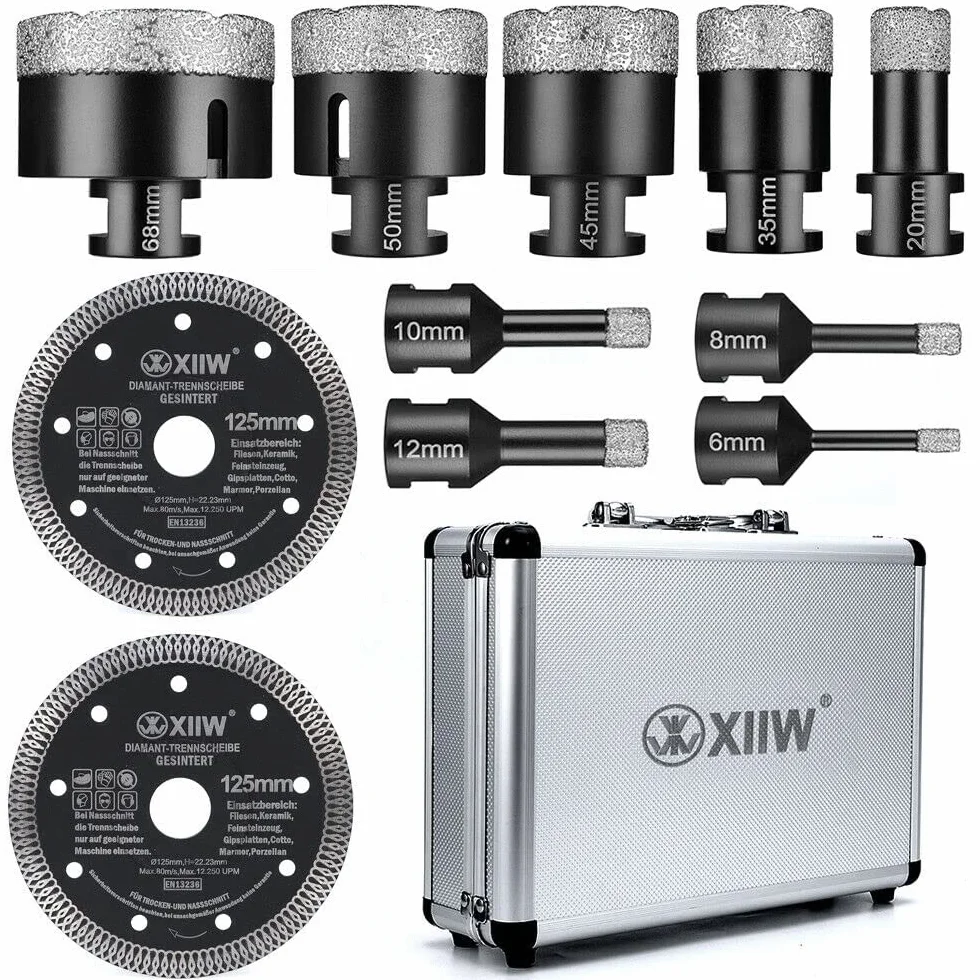 11-częściowy zestaw wierteł do płytek M14 x 15 mm, diamentowa koronka wiertnicza 6-68 mm + tarcza tnąca 125 mm, do szlifierek kątowych, otwornic, płytek, granitu, gresu, ceramiki, muru, koronki