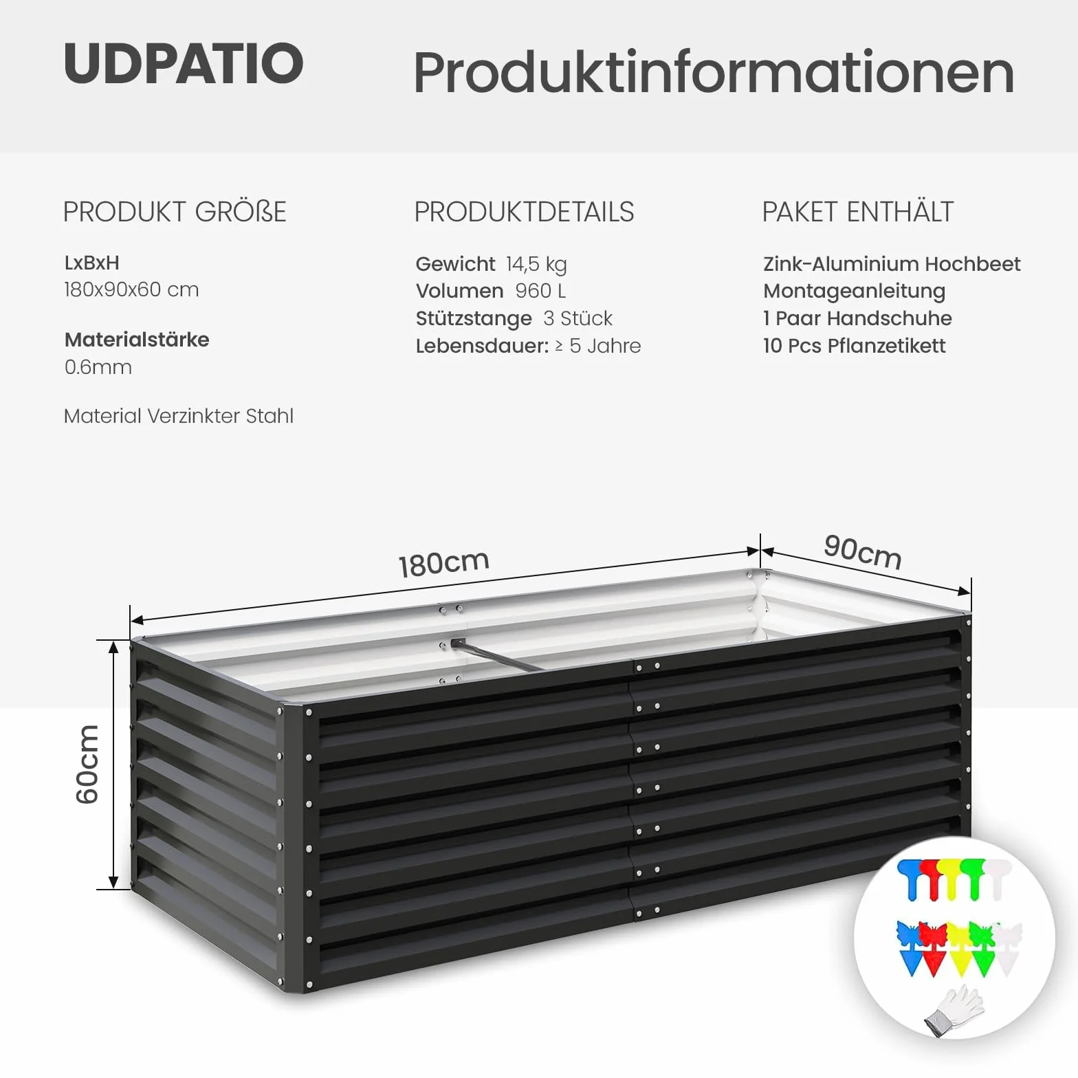 UDPATIO Wolnostojąca podwyższona grządka do ogrodu i balkonu, 180x60x90 cm, cynkowo-aluminium, 970 l