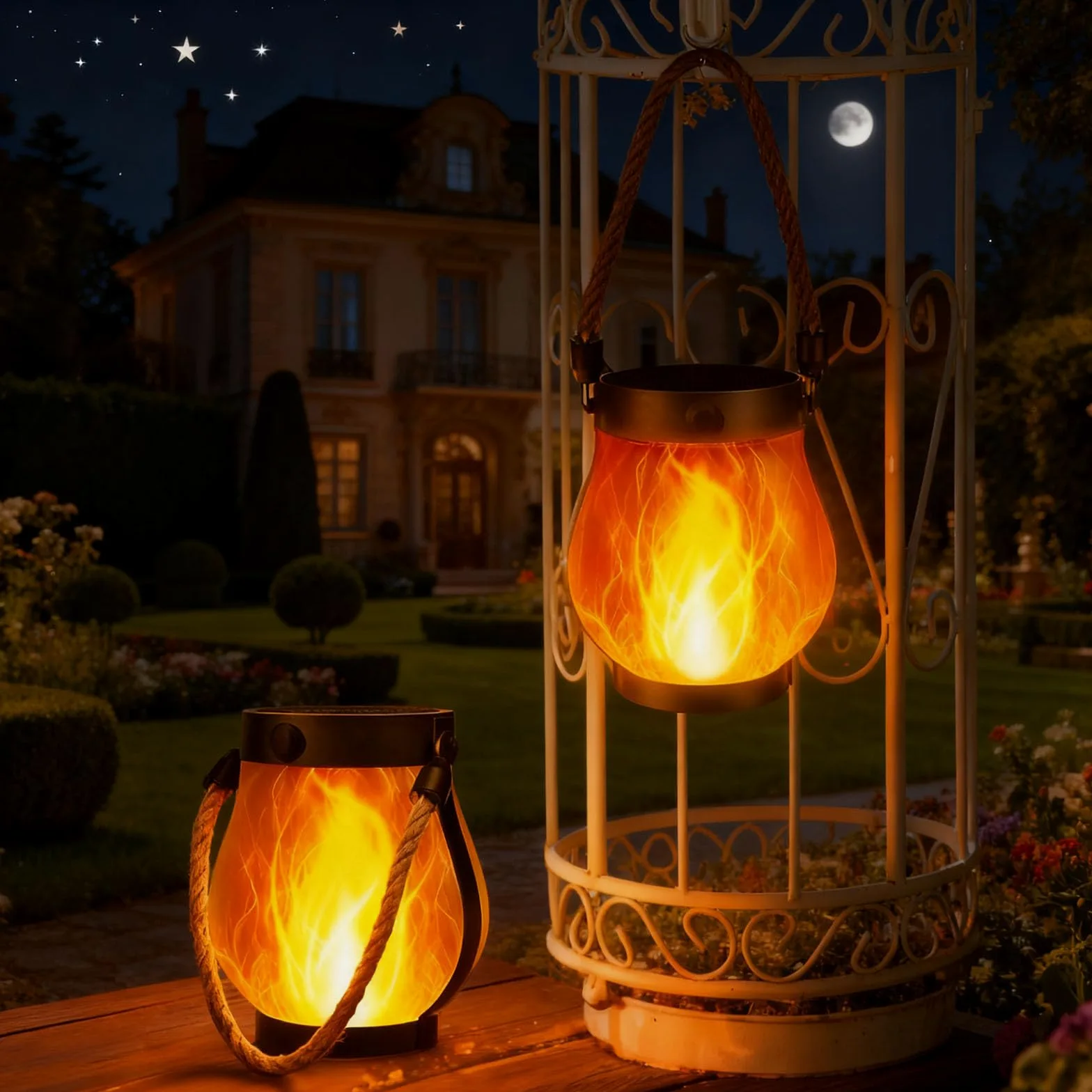 Zewnętrzne lampiony solarne z migoczącym płomieniem LED, 4 szt., 25 x 10 cm, wiszące światła z uchwytem z liny konopnej, idealne na patio i podwórko