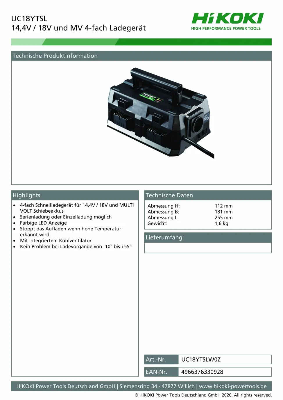 HiKOKI Multi Port Ladegerät UC18YTSL (4-fach Schnellladegerät für 14,4V / 18V und MULTI VOLT Akkus, LED Anzeige)
