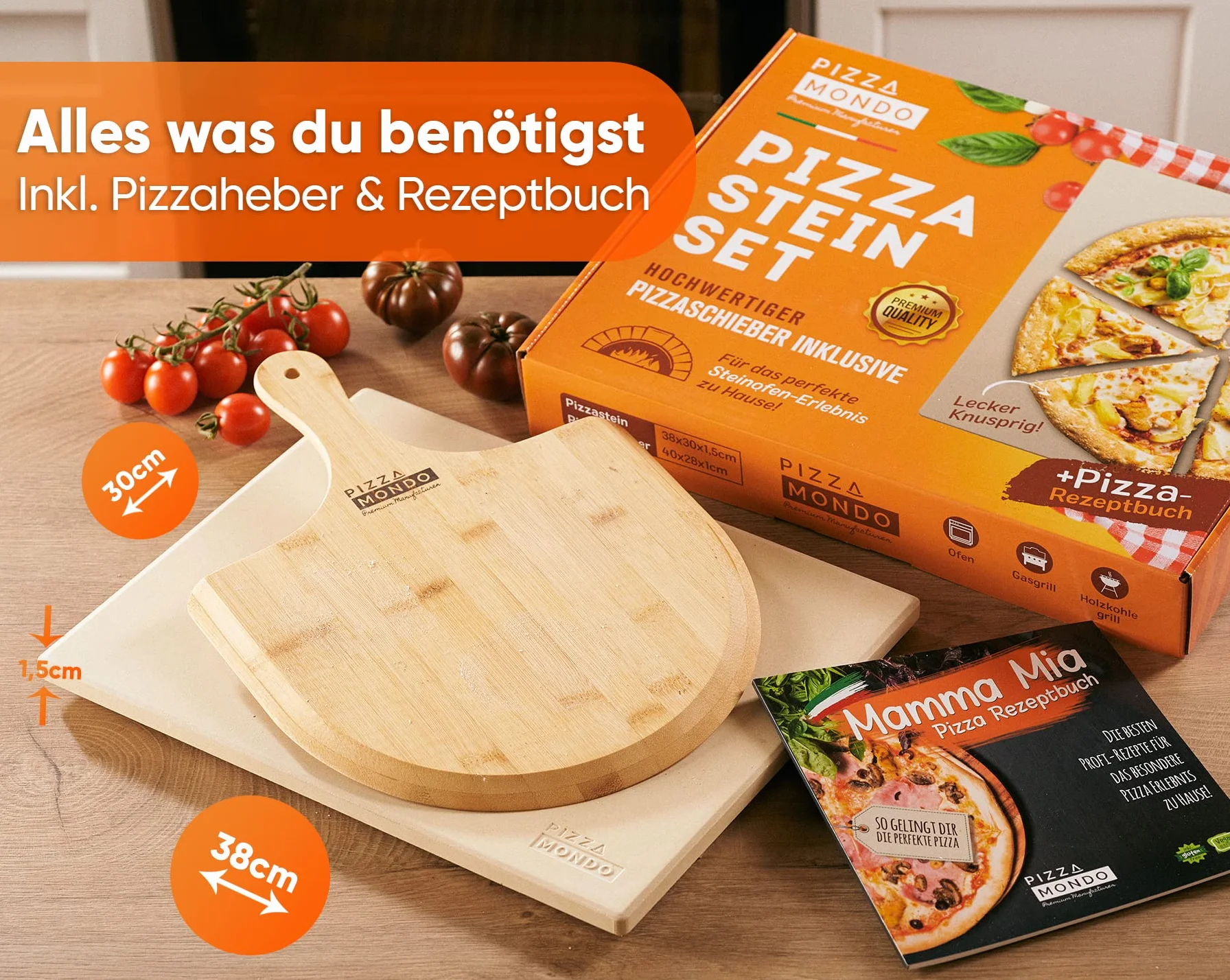 Pizza Mondo® kamień do pizzy do piekarnika, grilla i grilla gazowego (w zestawie łopatka do pizzy i książka z przepisami), oryginalny piecyk do pizzy dzięki najlepszej jakości – kamień do pieczenia prostokątny 1,5 cm