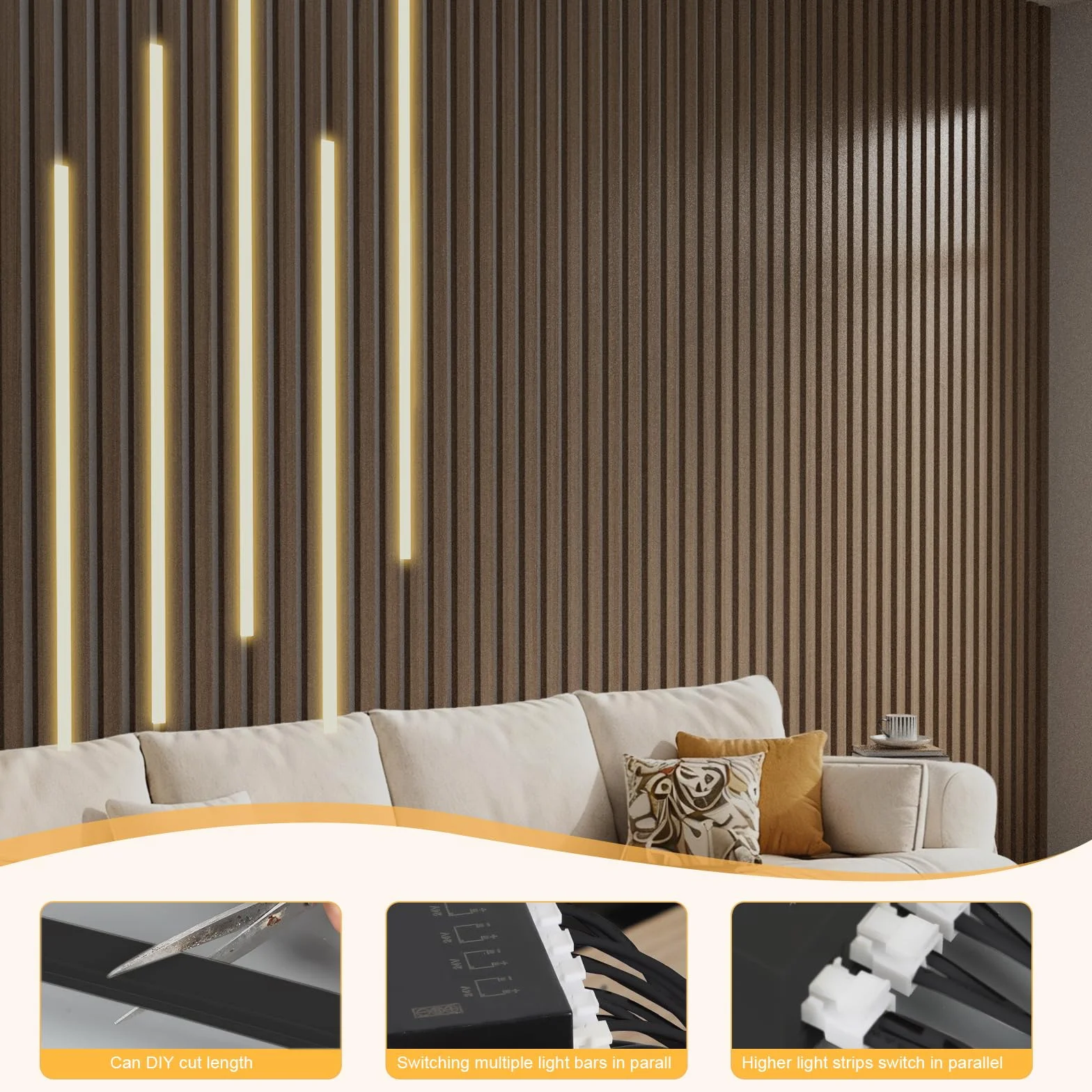 Wbudowane diody LED do paneli akustycznych, 6 sztuk, 100 cm, możliwość ściemniania, ciepła biel, z włącznikiem dotykowym, panele akustyczne LED, równoległe, panele akustyczne, oświetlenie