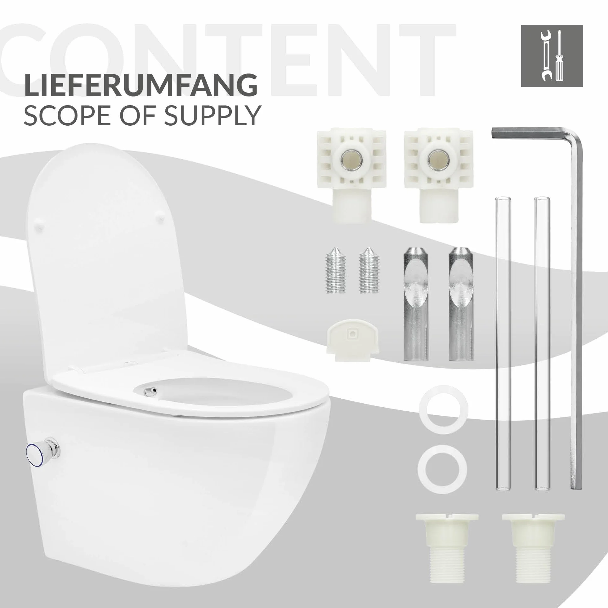 LuxeBath Miska WC Wiszaca Bezrantowa z Funkcja Bidetu, Biala, Nanopowloka, Spluczka Tornado, Ceramiczna, Krótka 49 cm, Blyszczaca z Deska Sedesowa z Cichego Domykania