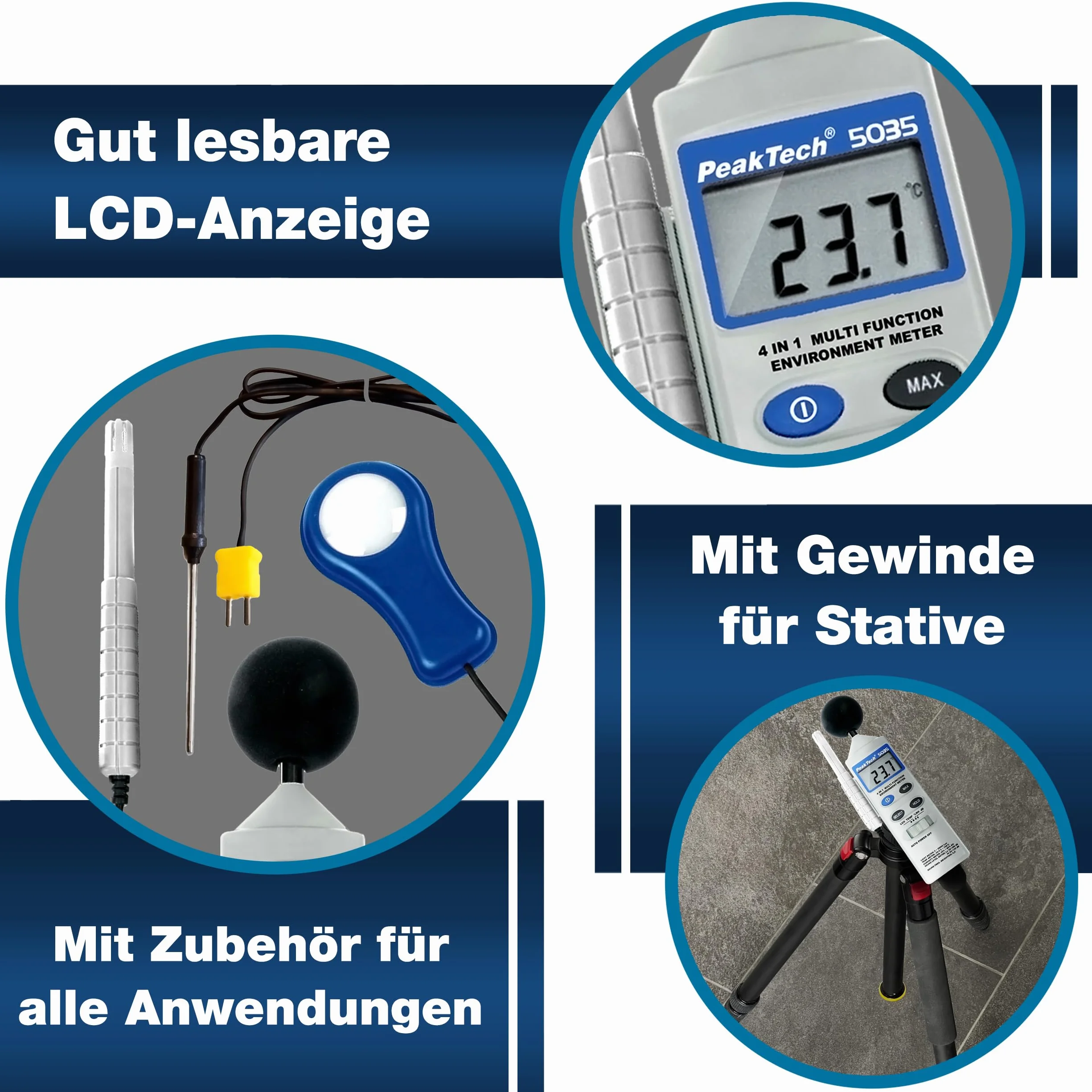 PeakTech P 5035 - Wielofunkcyjny Miernik środowiska ~ z temperaturą, wilgotnością, luksami, poziomem dźwięku