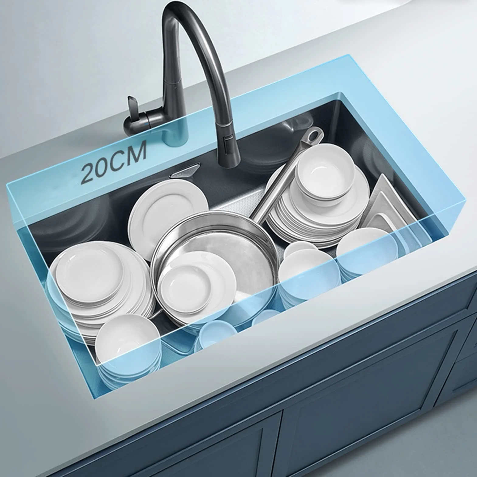 Zlewozmywaki kuchenne Jednokomorowy zlew kuchenny wpuszczany w blat lub pod blatem Zestaw zlewozmywakowy Farmhouse Workstation z wyciąganą wylewką i umywalką w umywalce,Black-75x43CM