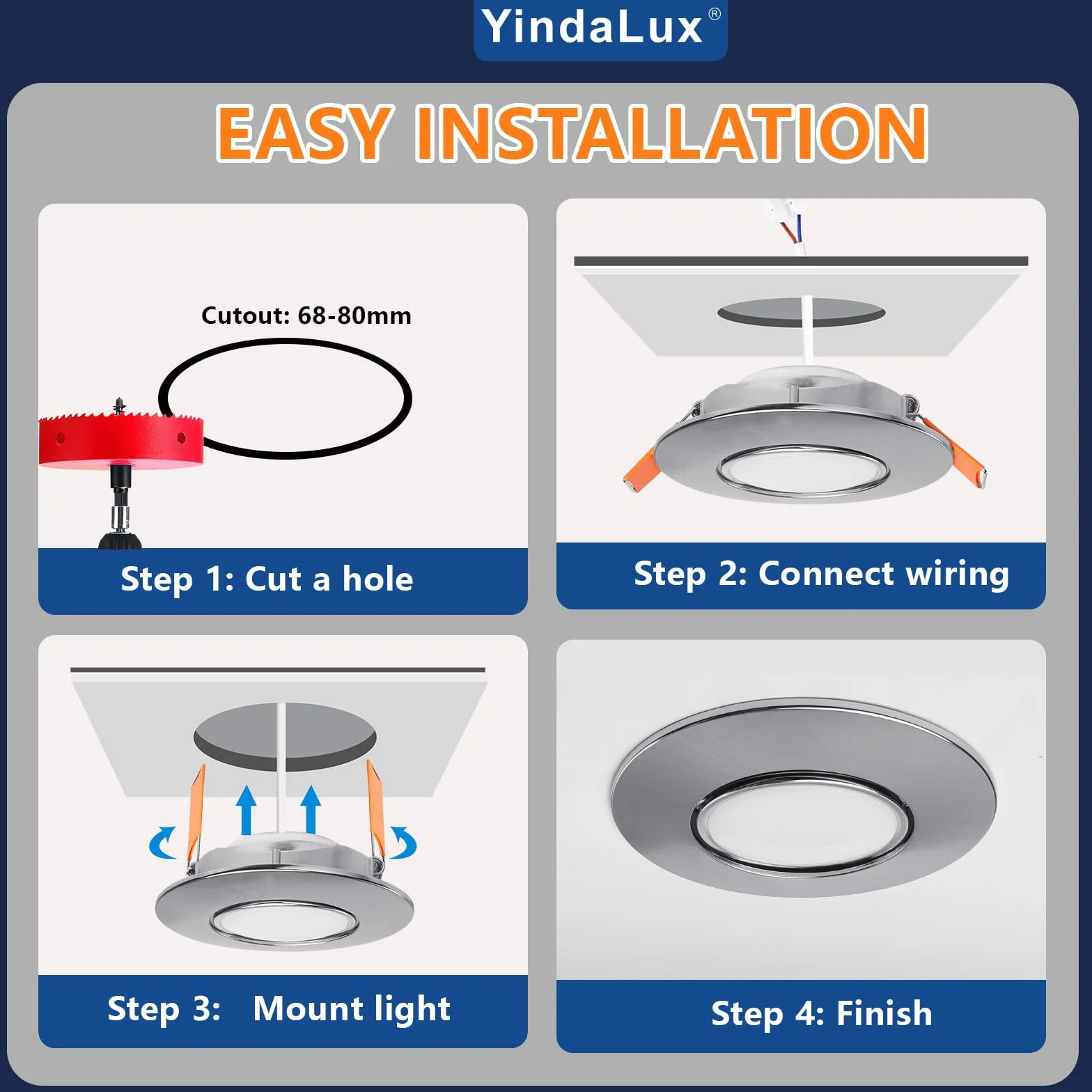 YindaLux Reflektor sufitowy LED, 5 W, 500 lm, reflektor sufitowy, 3000 K, 4000 K, 6000K, możliwość ściemniania, IP44, wodoodporny reflektor łazienkowy, otwór Φ68-80 mm, AC 220-240 V, zestaw 10 sztuk