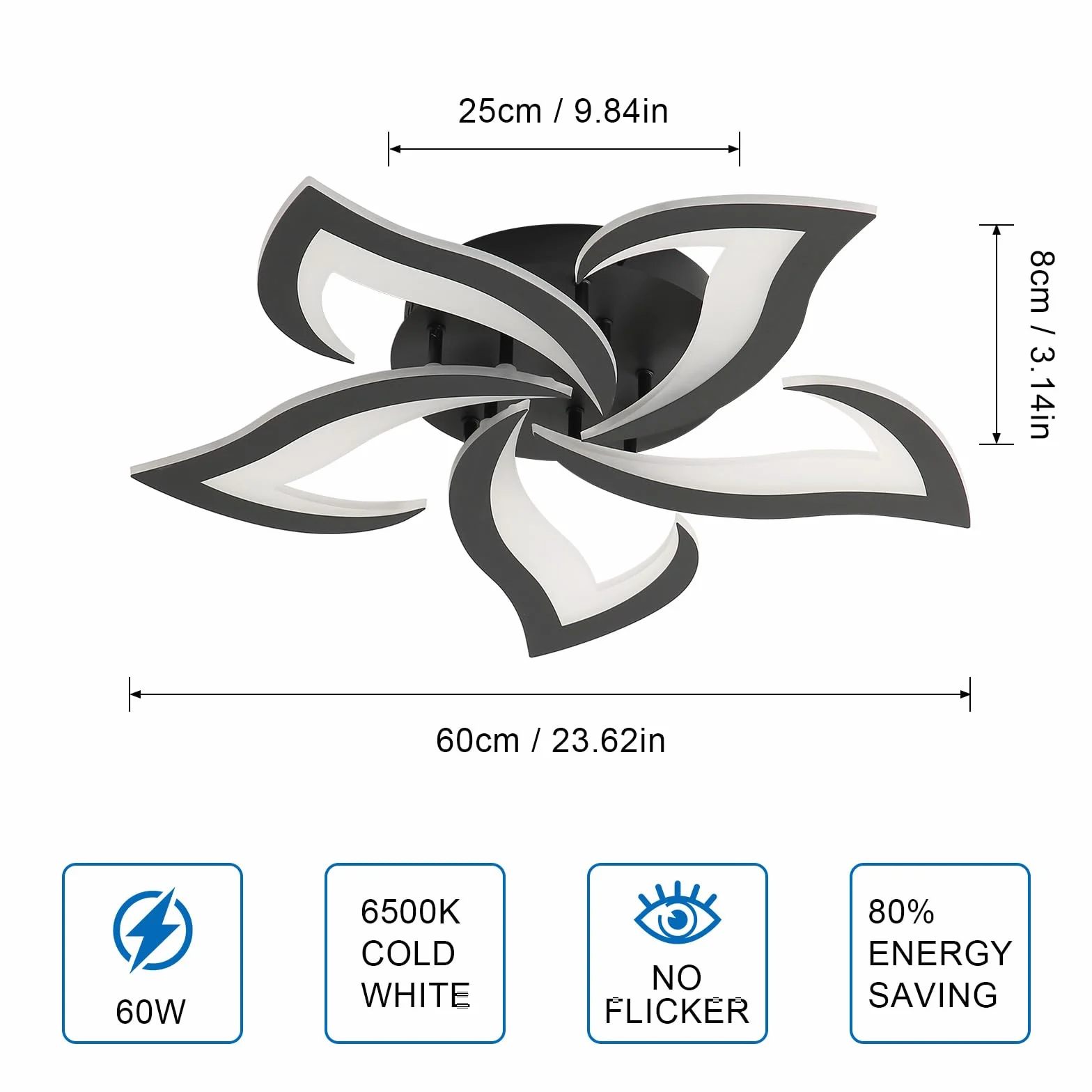 Comely Lampa sufitowa, Plafon LED 60 W 6750 LM, zimna biel 6500K, czarna nowoczesna lampa sufitowa do sypialni, salonu, jadalni (średnica 60 cm)