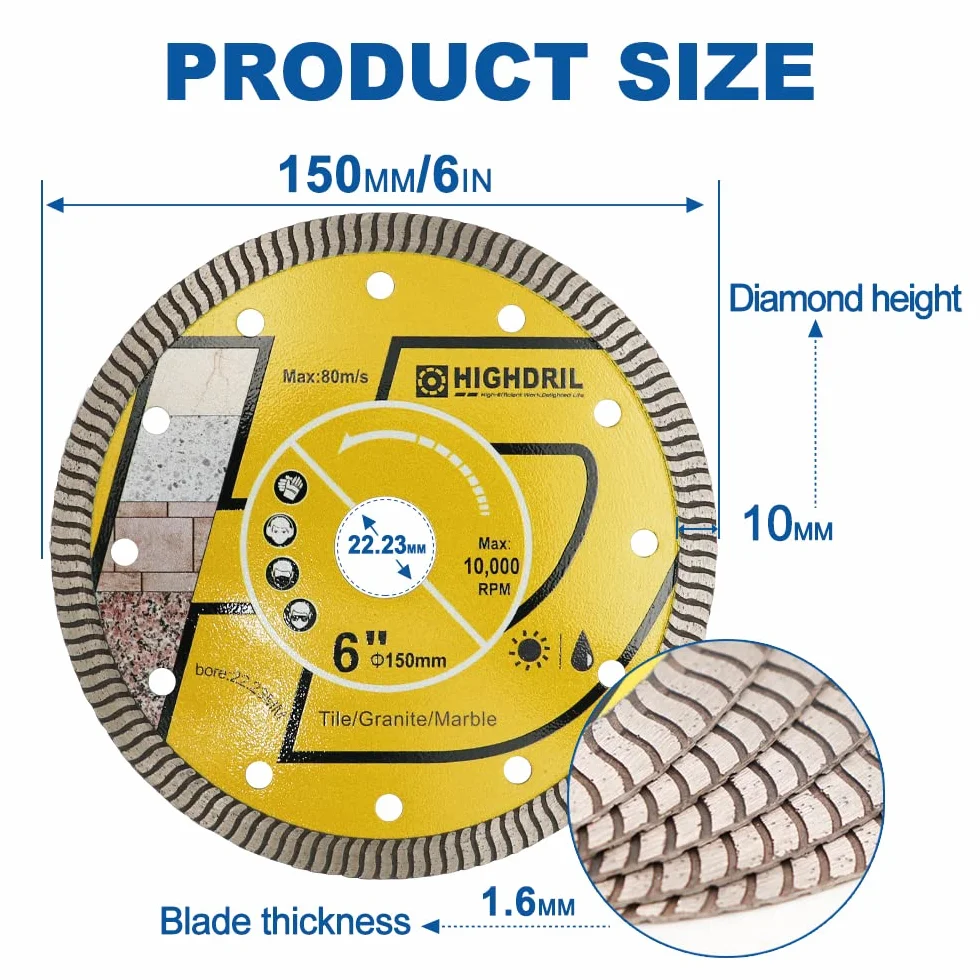 HIGHDRIL Supercienkie ostrze diamentowe, 3 szt., 150 mm z trzpieniem 7/8 cala, sucha lub mokra tarcza do cięcia turbo ogólnego przeznaczenia do płytek porcelanowych, ceramicznych, granitu, marmuru, twardy materiał, betonu