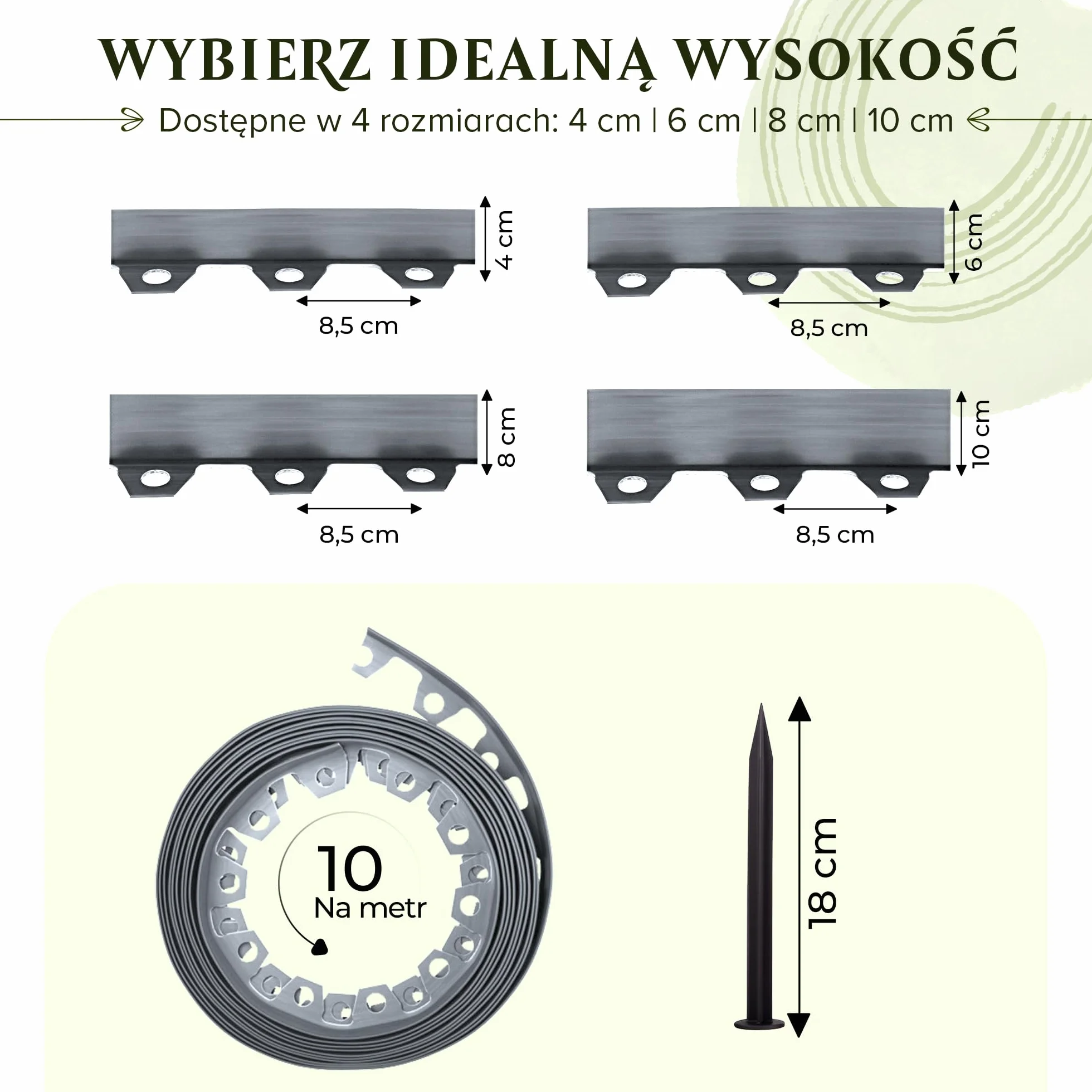 Elastyczne obrzeże trawnika (10 m | 40 kotw gruntowych | 8 cm wysokości), szare, tworzywo sztuczne, odporne na warunki atmosferyczne, obramowanie rabatki kwiatowej, krawędź koszenia