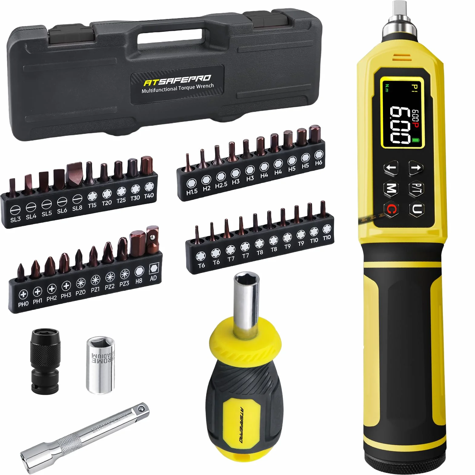 ATsafepro Elektroniczny Wkrętak Dynamometryczny 1/4 Cala, 0,09-6 Nm, 46 Elementów,Dokładność ±1%, Brzęczykiem I Wyświetlaczem LCD,Do Konserwacji Rowerów, Sprzętu Precyzyjnego, Majsterkowania