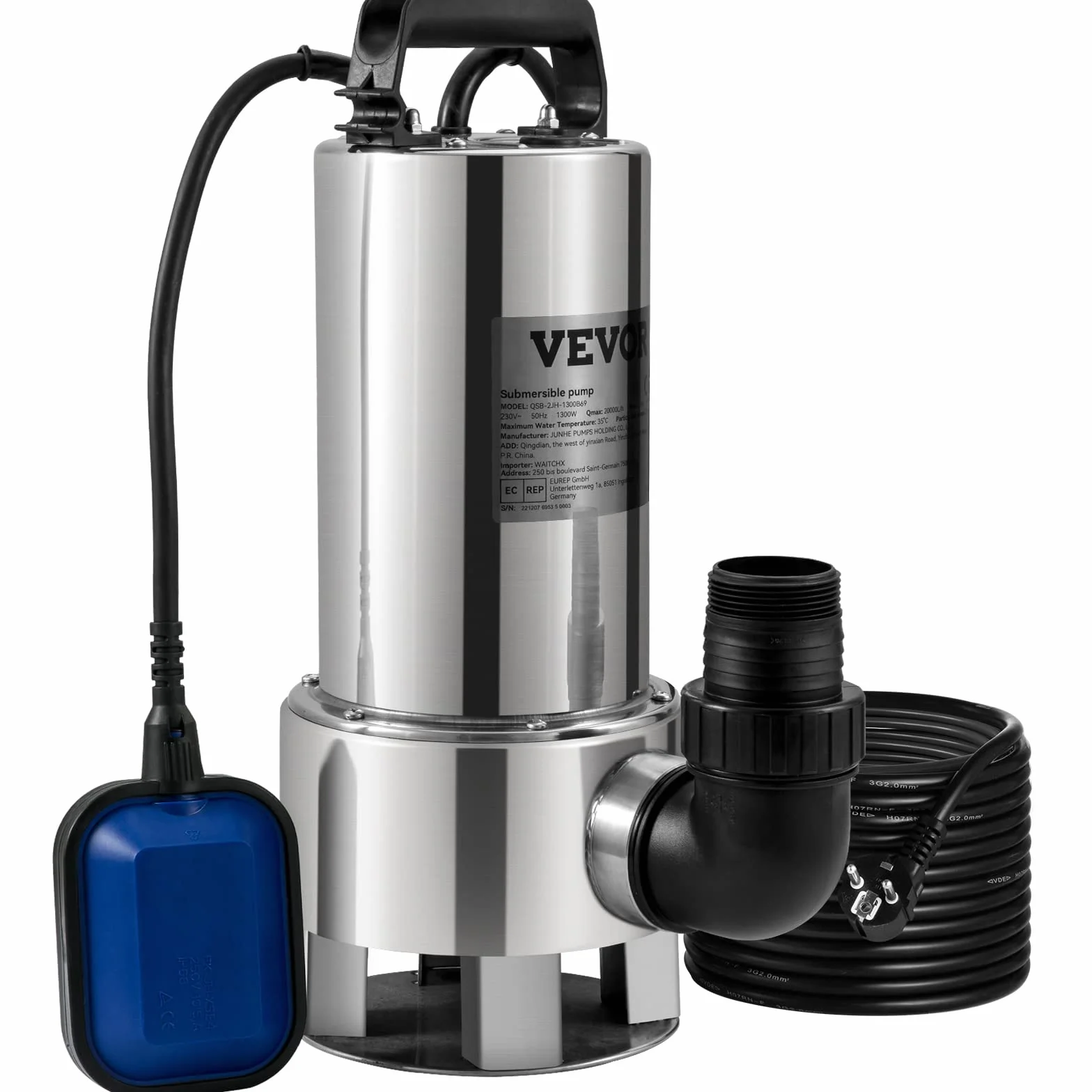 VEVOR Pompa do podnoszenia wody naładowanej 1300 W, pompa odprowadzająca wodę naładowaną, 333,3 l/min, pompa zanurzeniowa, do basenu, piwnicy, szamba z adapterem odprowadzającym do pompowania brudnej