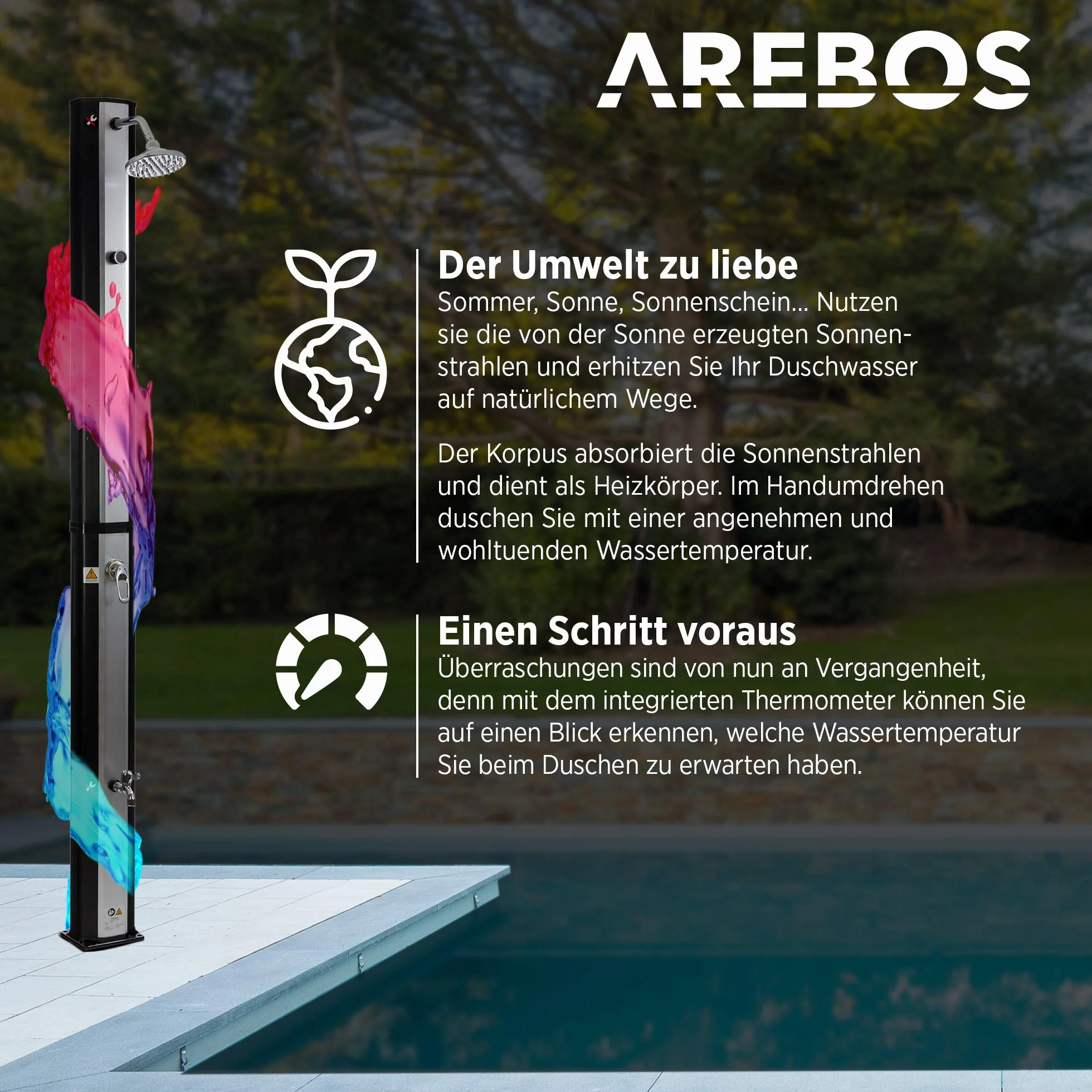 AREBOS Solar Shower 35 litrów 216cm Prysznic ogrodowy z termometrem
